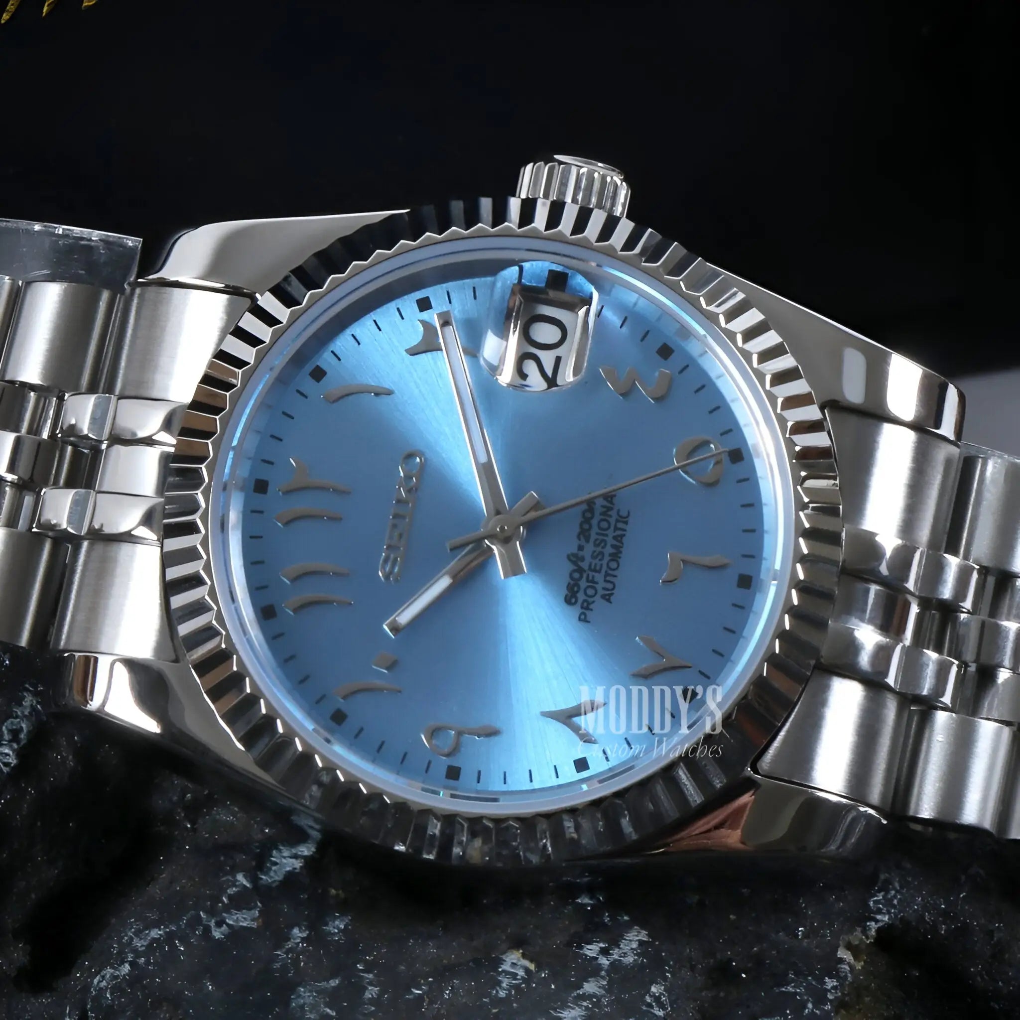 Seiko mod Datejust with ice blue Arabic dial, Seiko NH35 automatic movement, 316L stainless steel