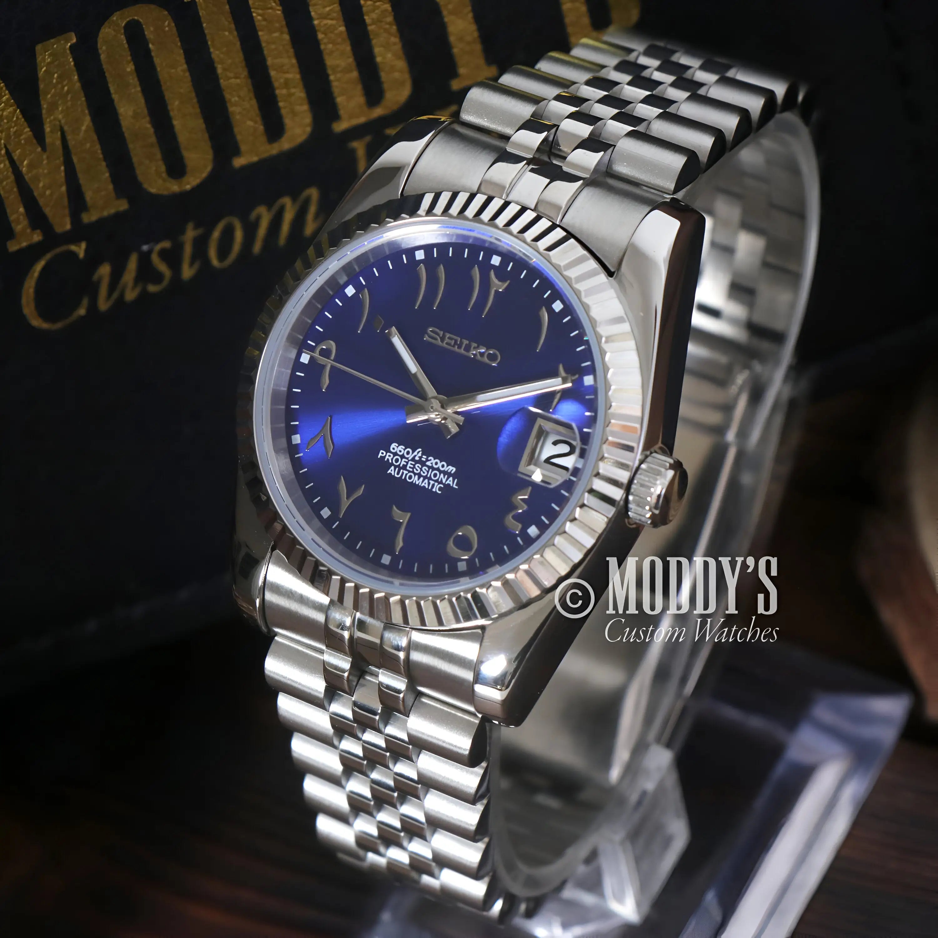Blue Seiko Mod Datejust watch with NH35 automatic movement and 316L steel