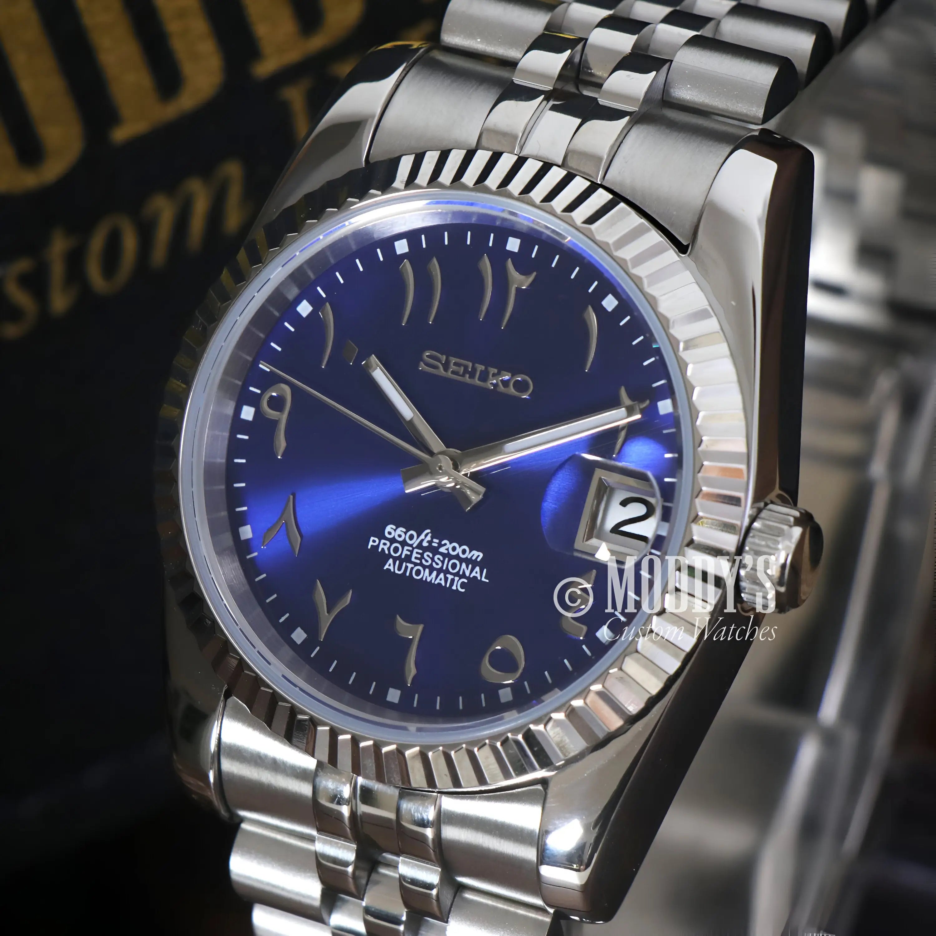 Blue Seiko mod Datejust watch with NH35 movement and 316L steel