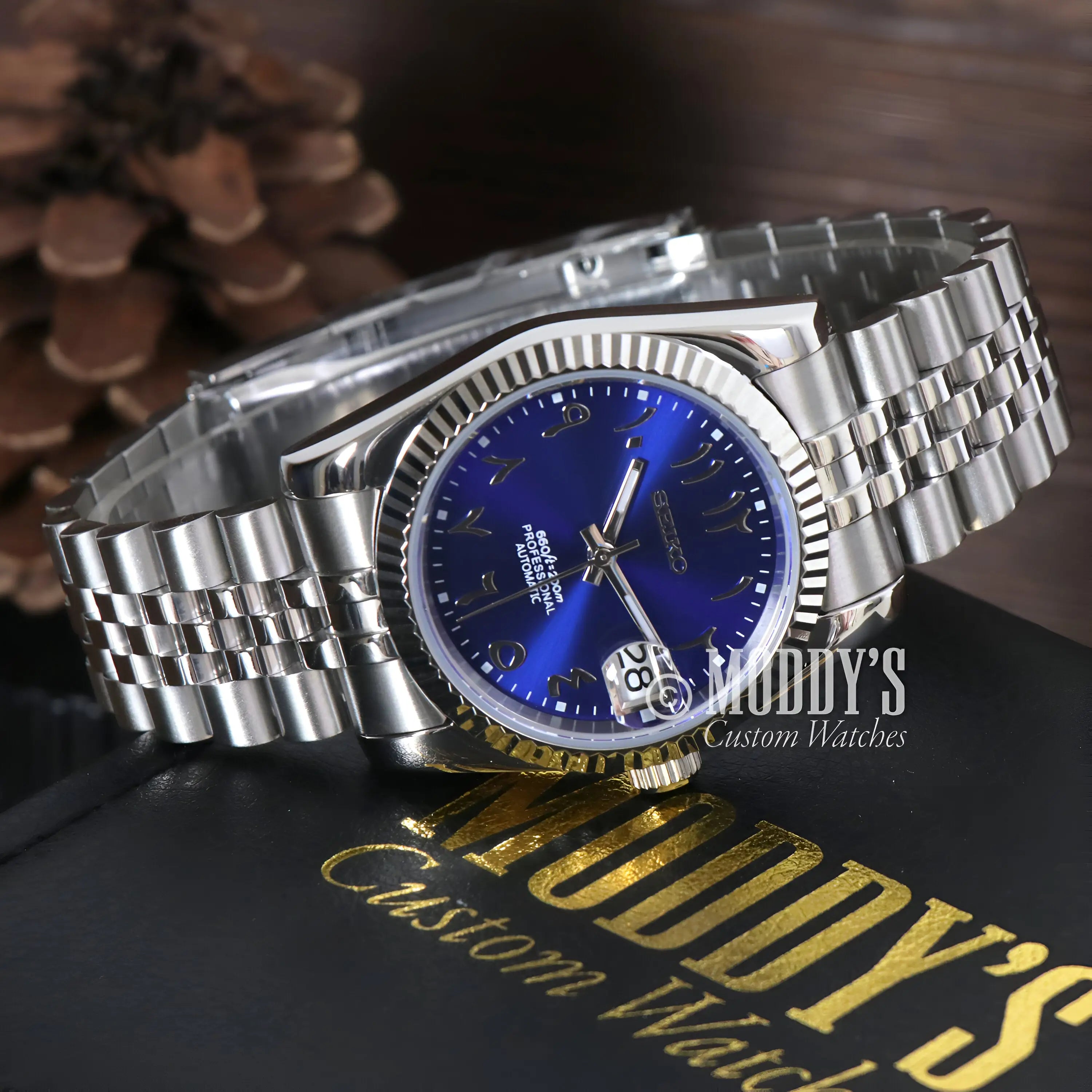 Seiko mod Datejust with Arabic royal blue dial and 316L stainless steel bracelet
