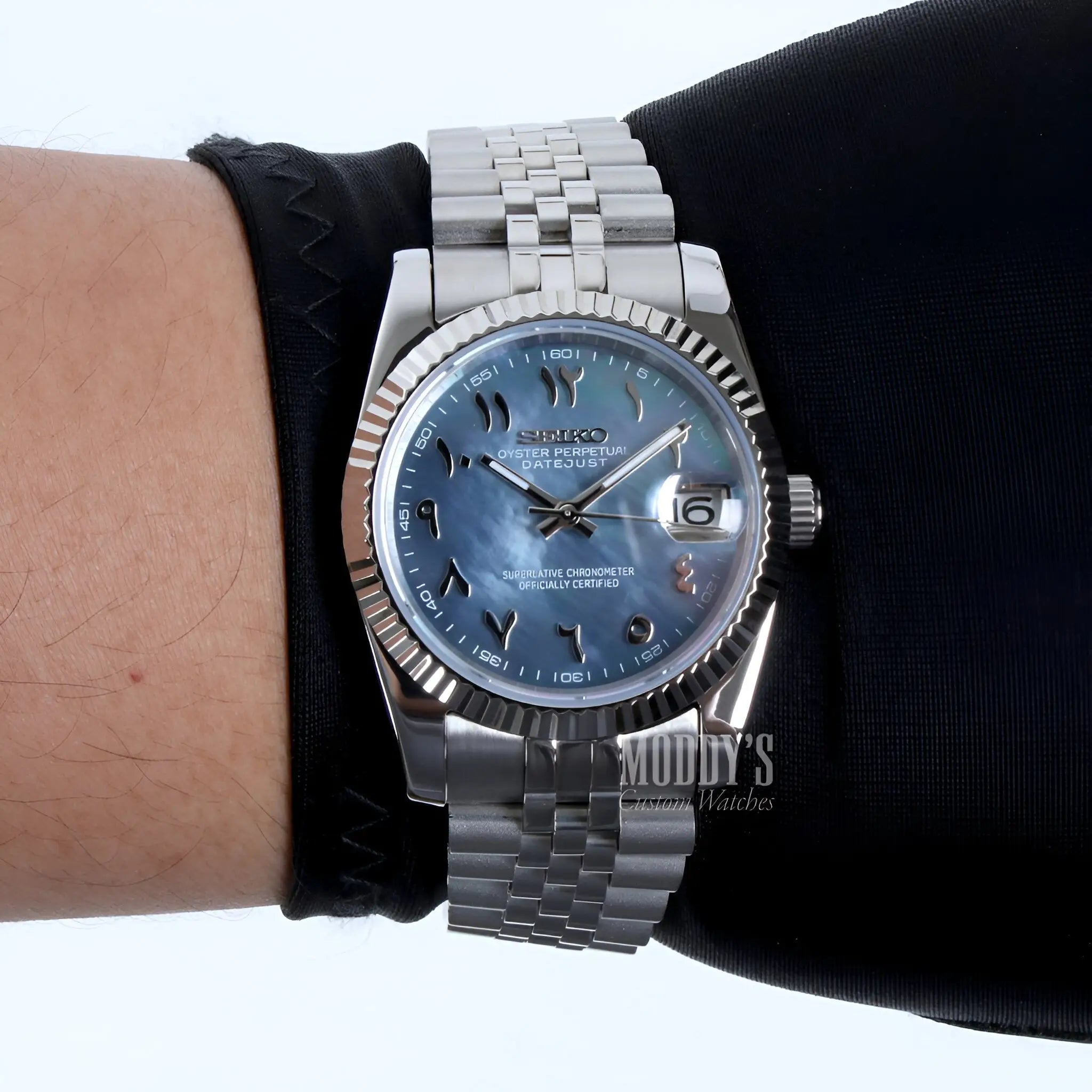 Seiko mod Datejust with 316L stainless steel, blue dial, Seiko NH35 movement
