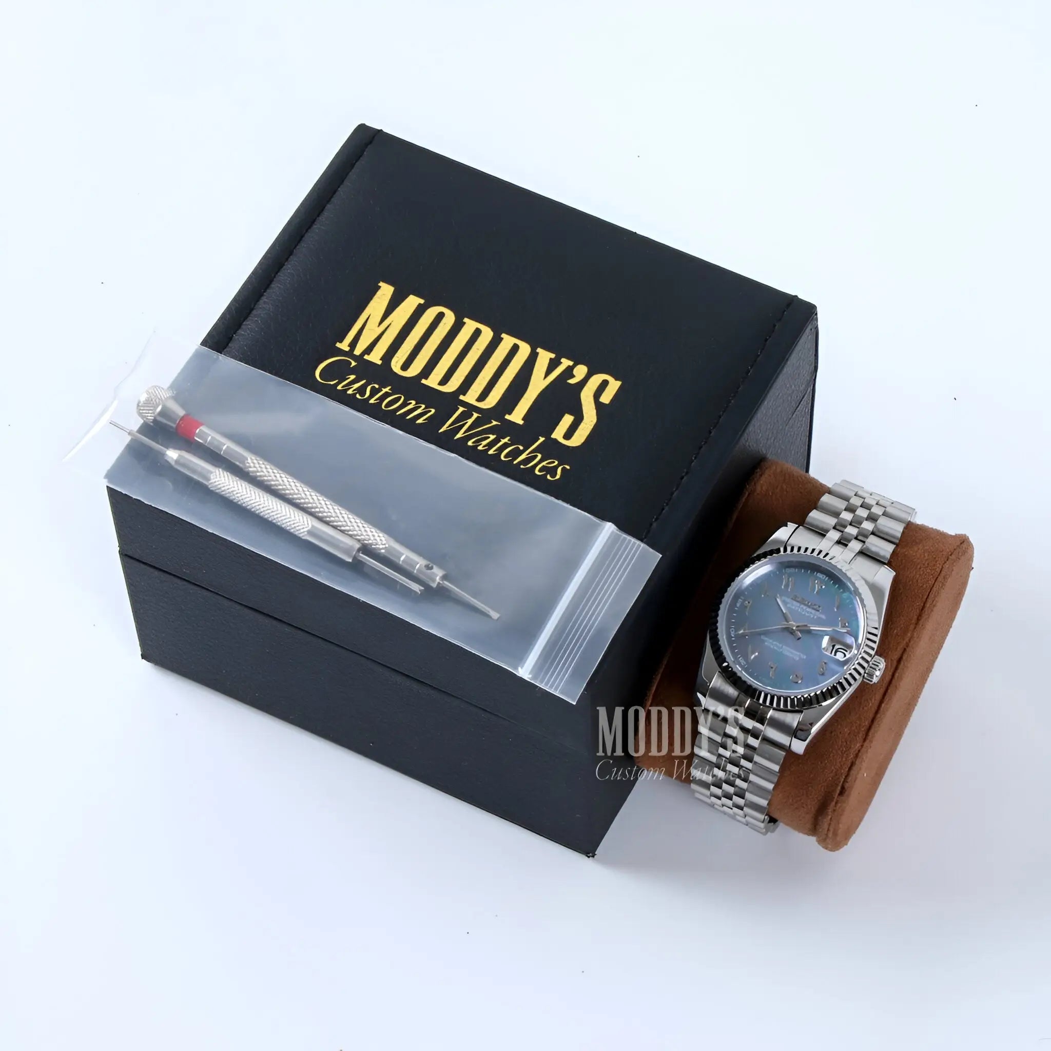 Seiko mod datejust watch with silver brown leather, NH35 movement