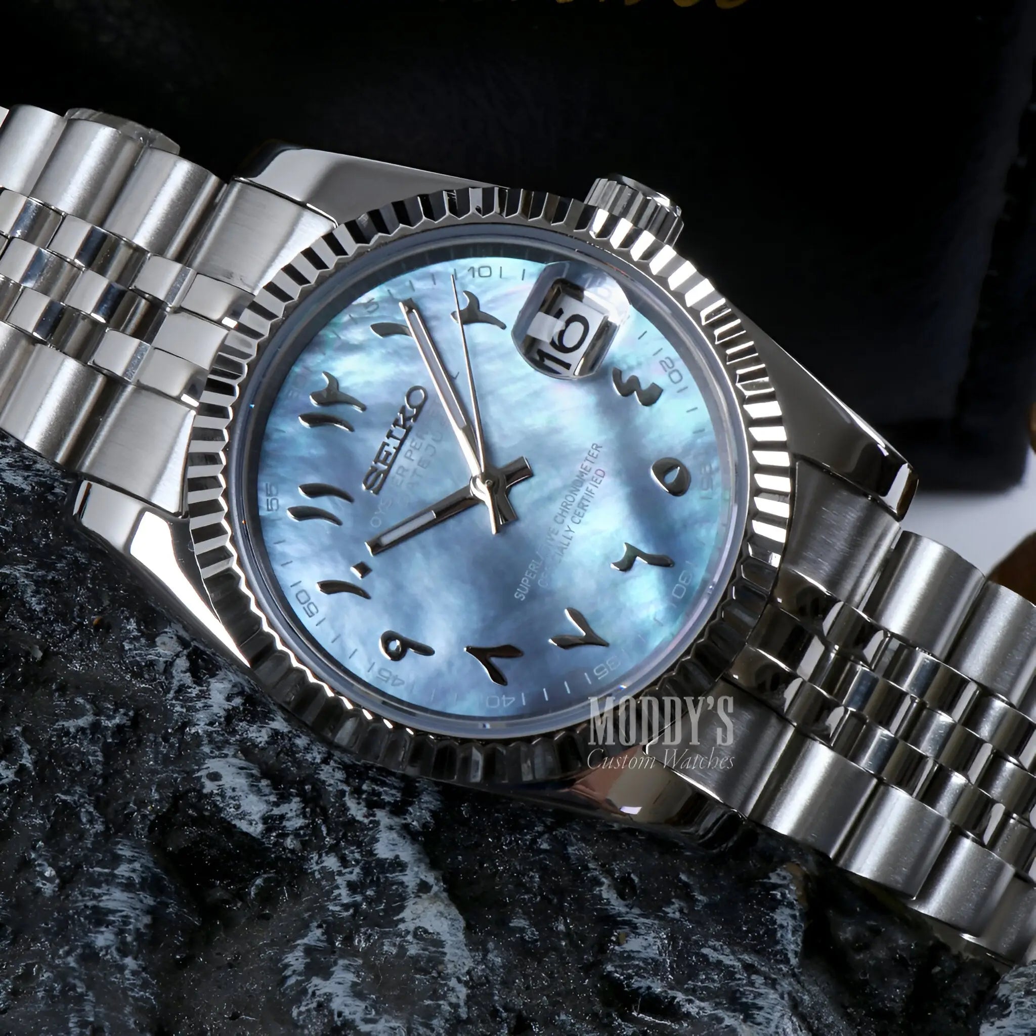 Seiko mod Datejust with NH35 movement, mother-of-pearl dial