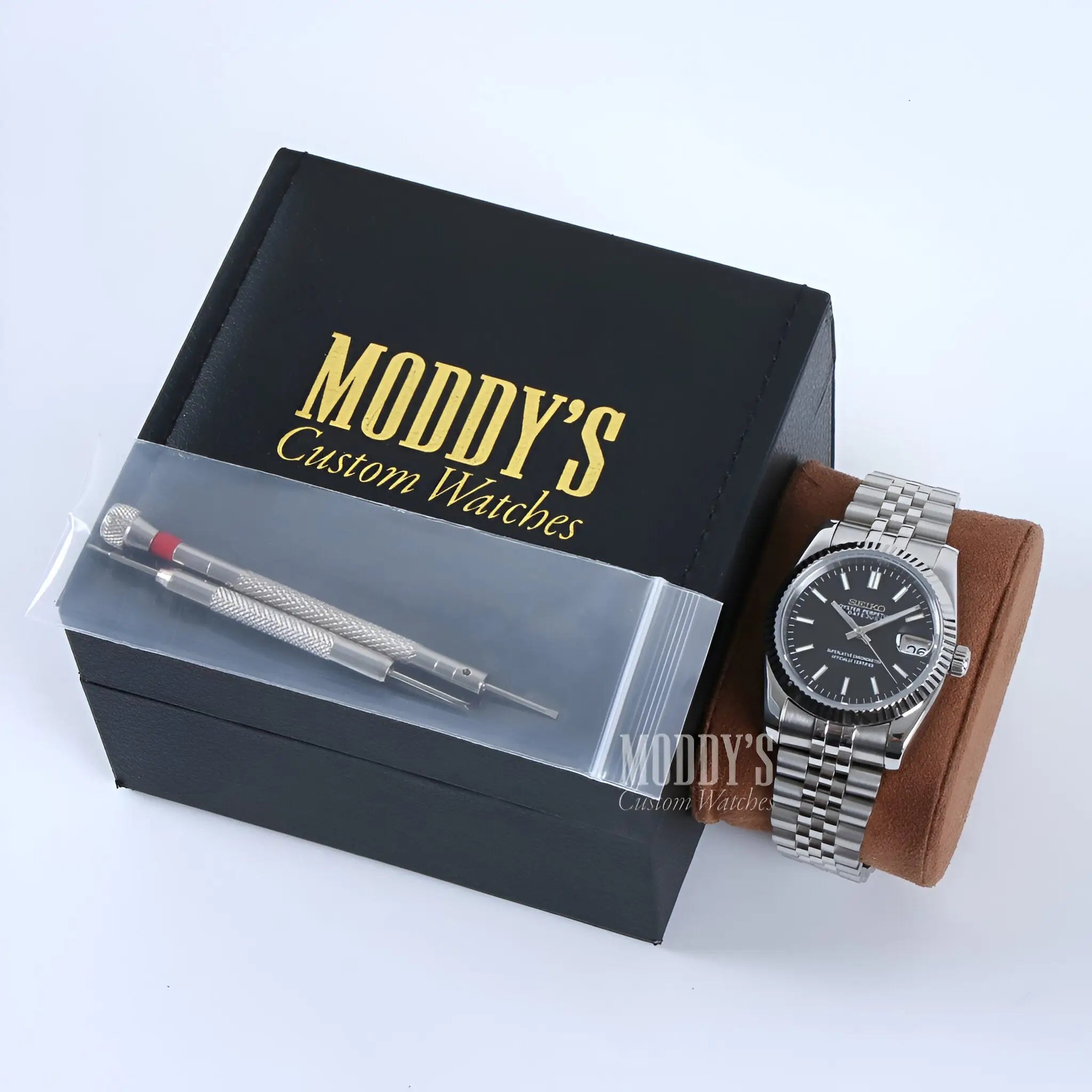 Seiko mod Datejust with black dial and silver bracelet