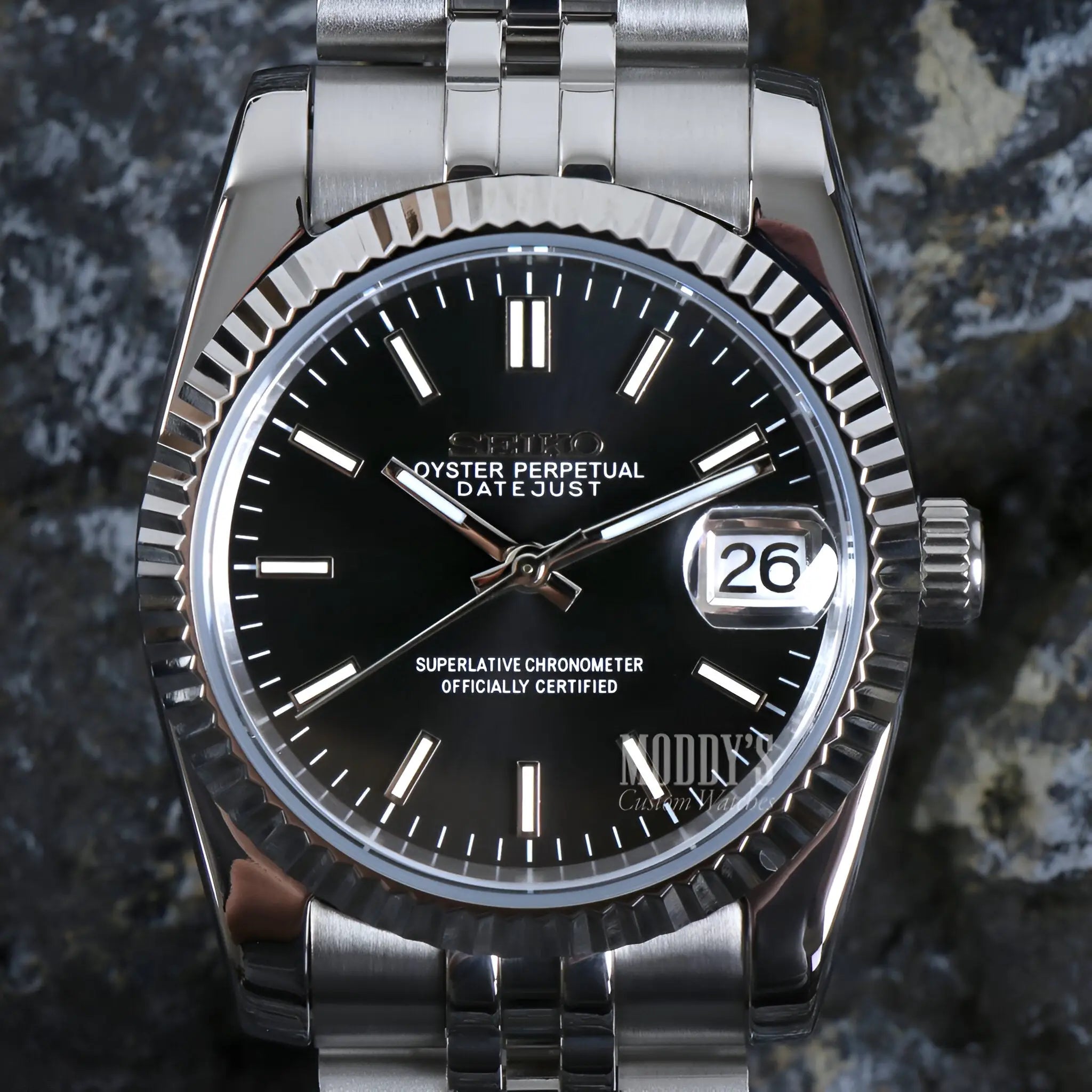 Seiko mod Datejust with black dial, silver bracelet, Seiko NH35 automatic