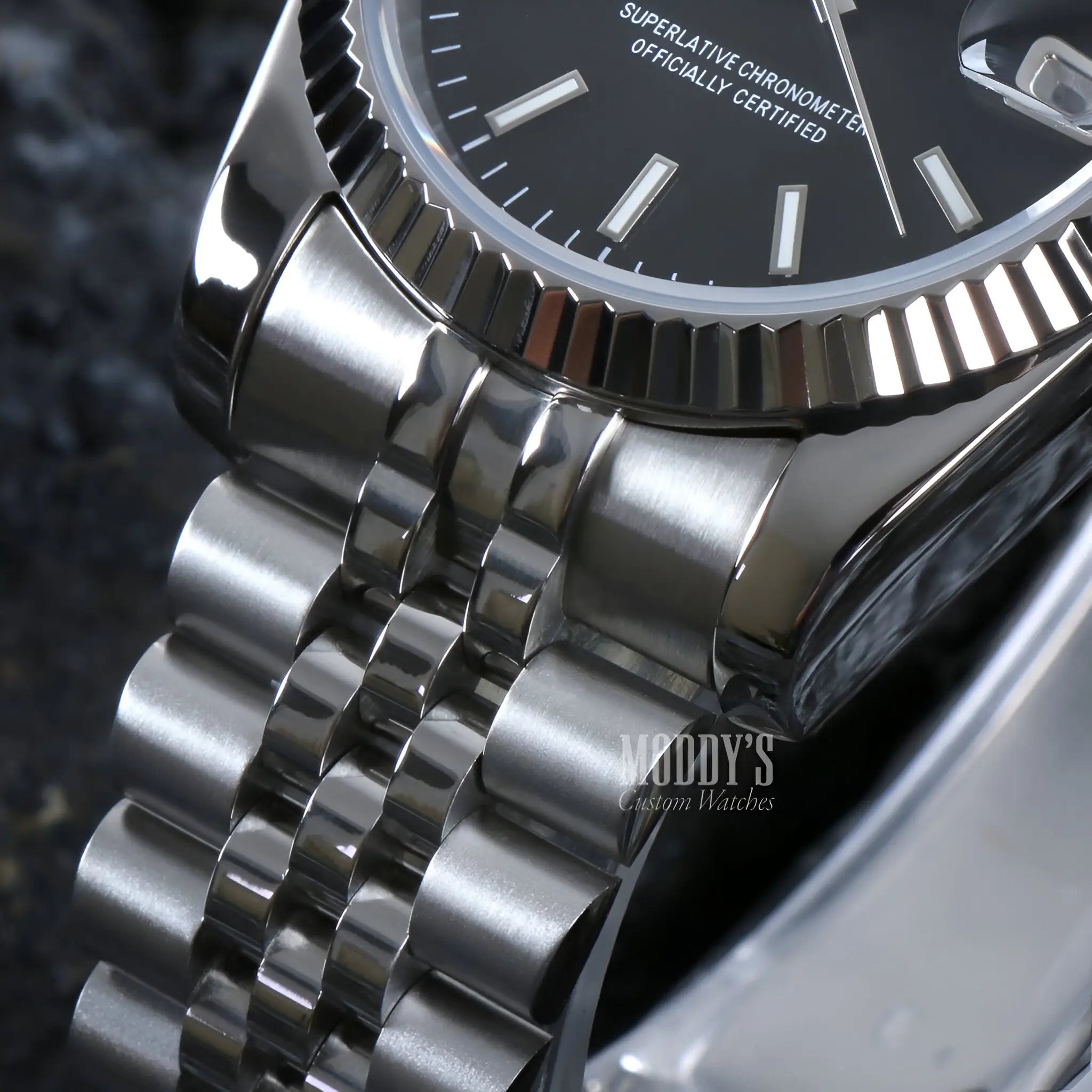 Seiko mod Datejust with black dial and silver bracelet