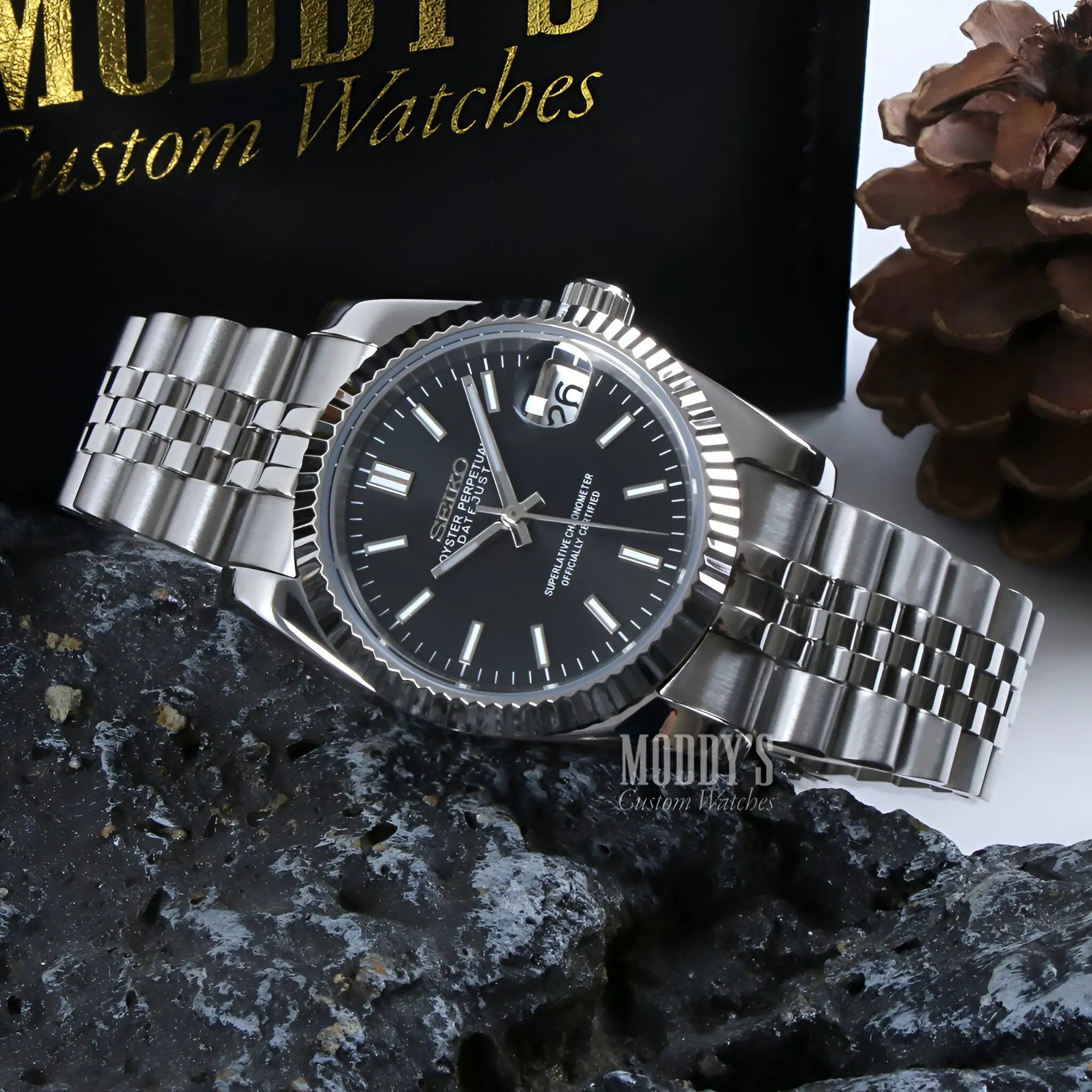 Seiko mod Datejust with black dial and stainless steel bracelet