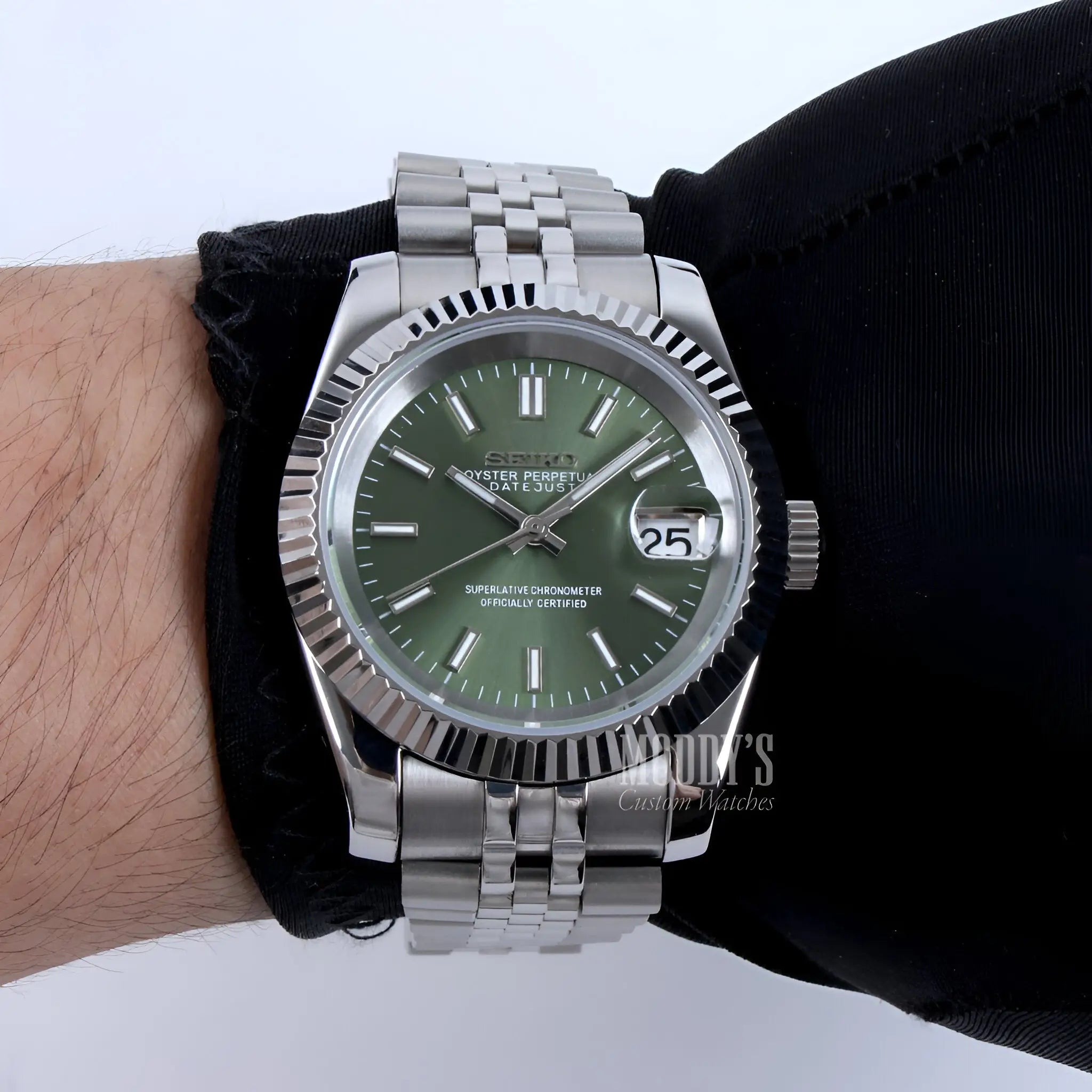 Seiko mod Datejust with NH35 automatic, mint green dial, white gold bezel