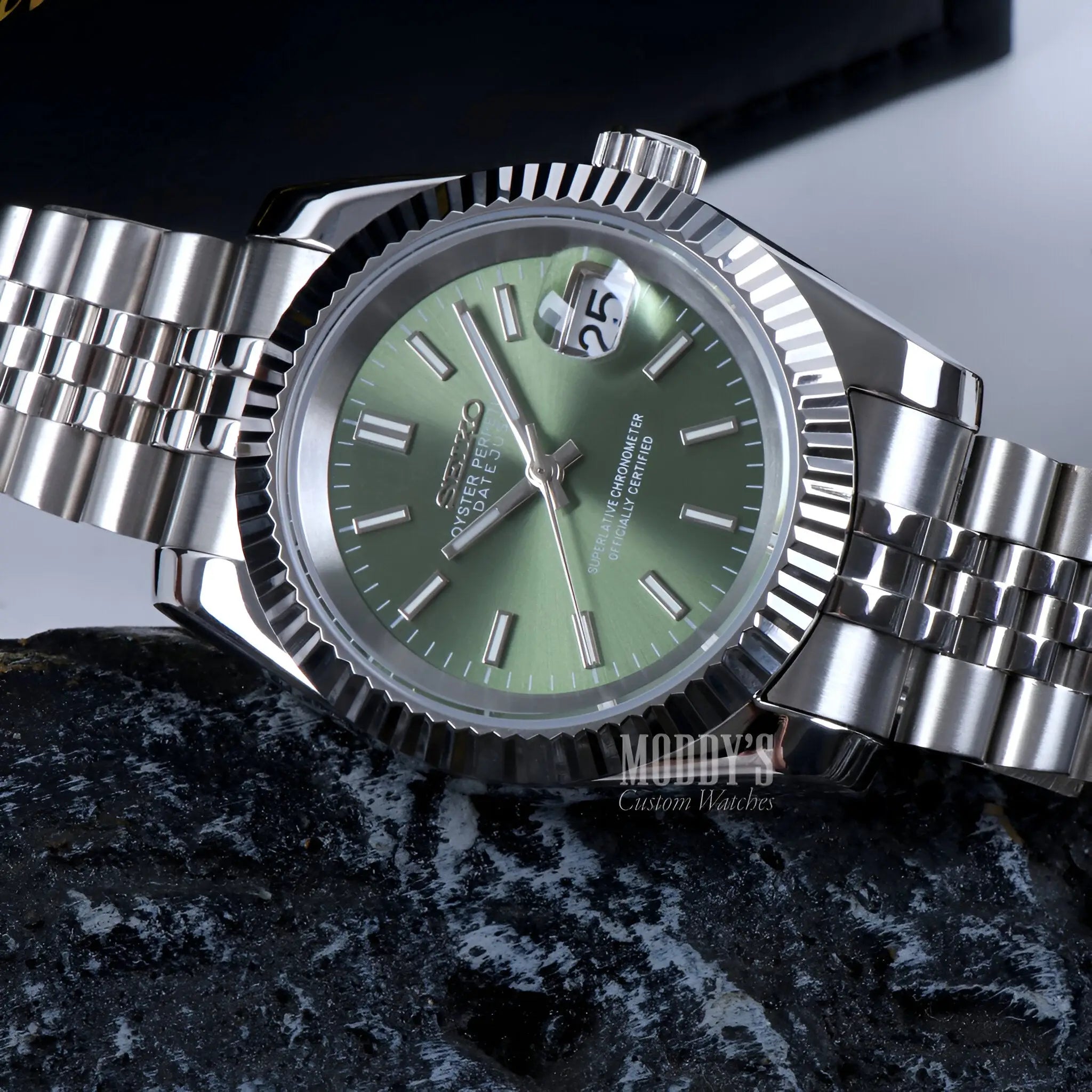 Seiko mod Datejust with mint green dial and jubilee bracelet