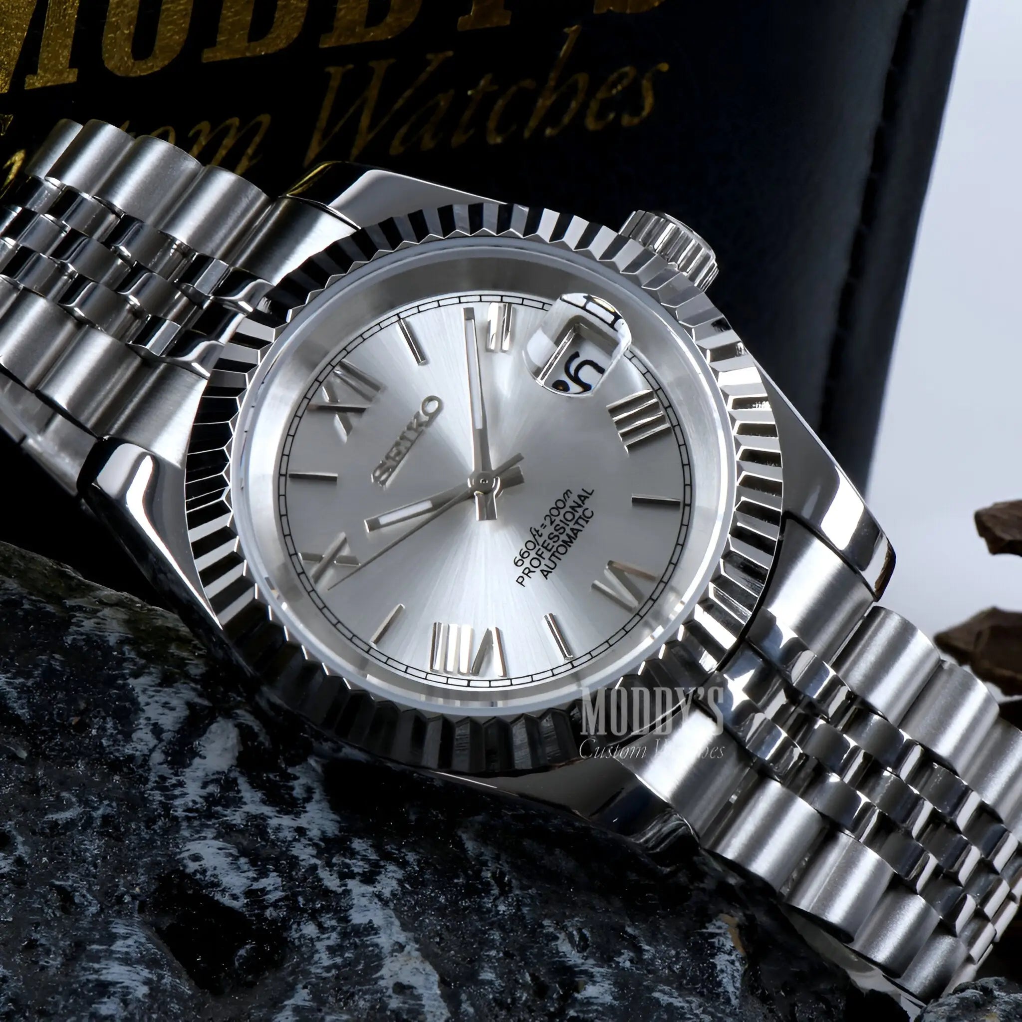 Seiko mod Datejust with silver dial, Roman numerals, date window
