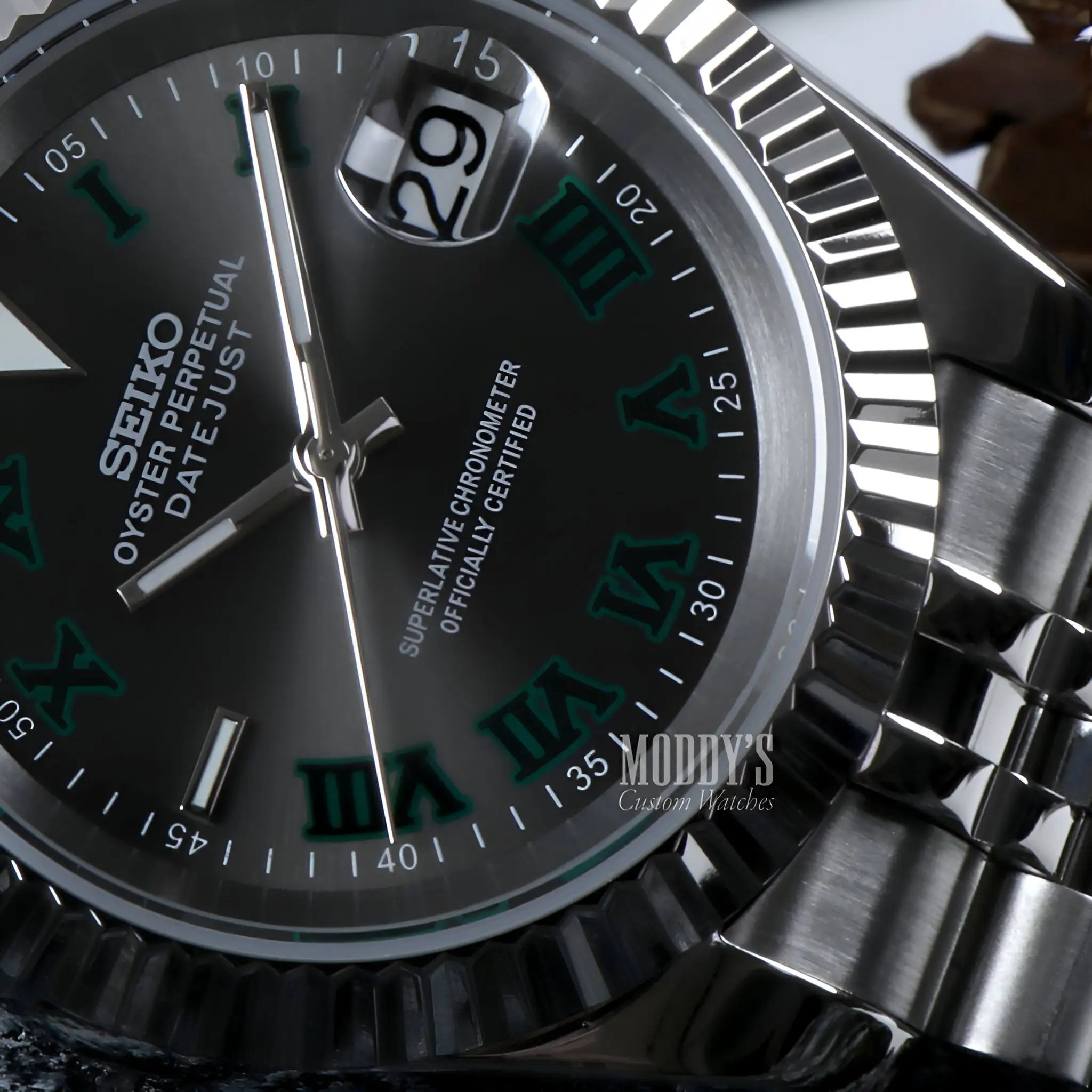 Seikojust Wimbledon watch with dark green dial and emerald Roman numerals