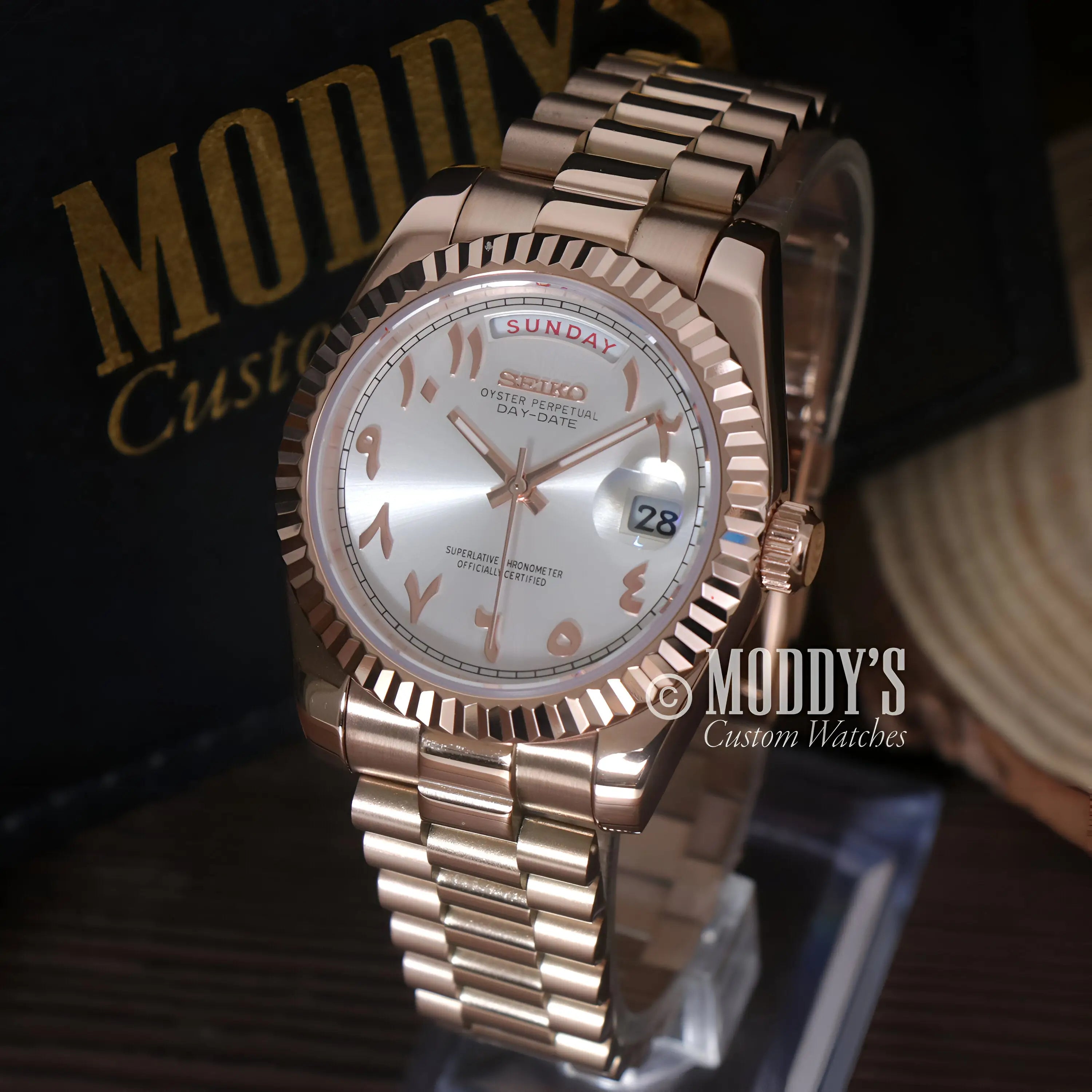 Rose gold Seiko mod watch with white Arabic dial, date, 316L stainless automatic movement