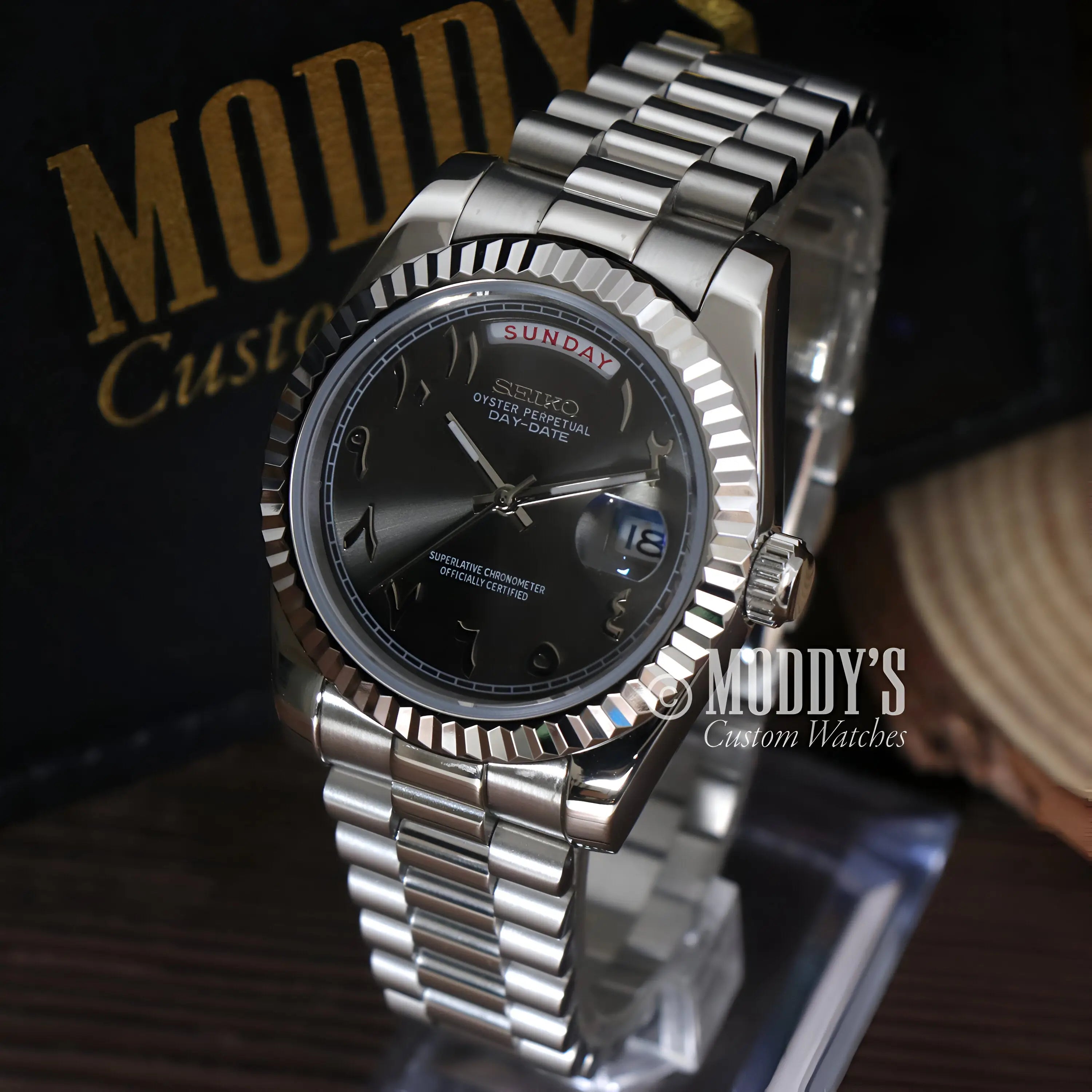 Seiko mod Rolex Datejust with black dial, silver 316L stainless steel bracelet, automatic movement
