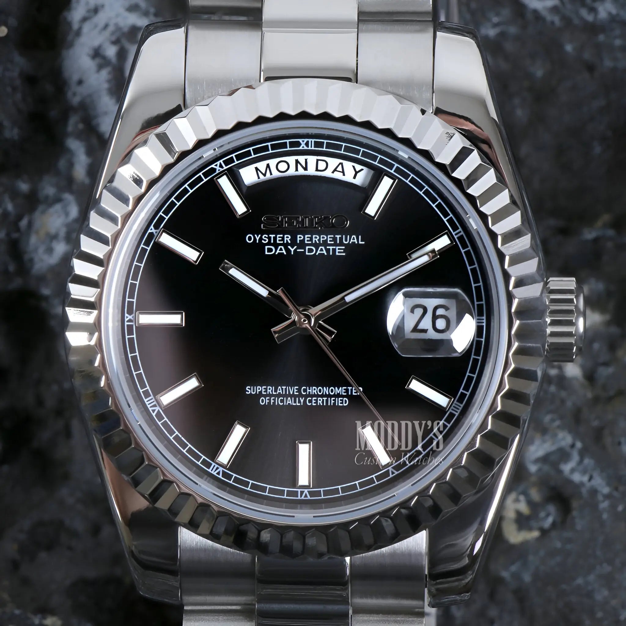 Seiko mod Daydate Classic Black Rolex Oyster Perpetual with 316L stainless steel