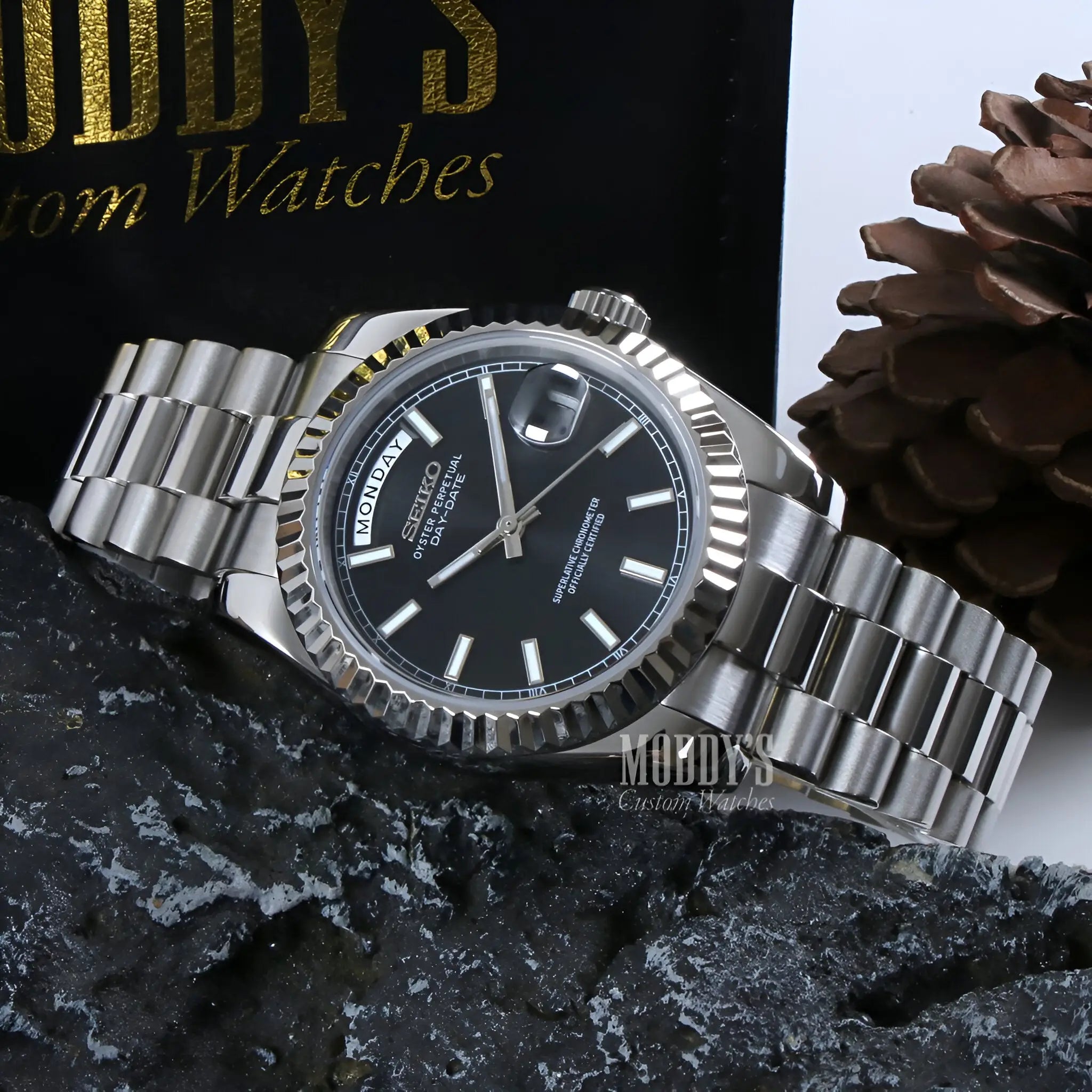 Seiko mod Datejust watch with 316L stainless steel bracelet and automatic movement