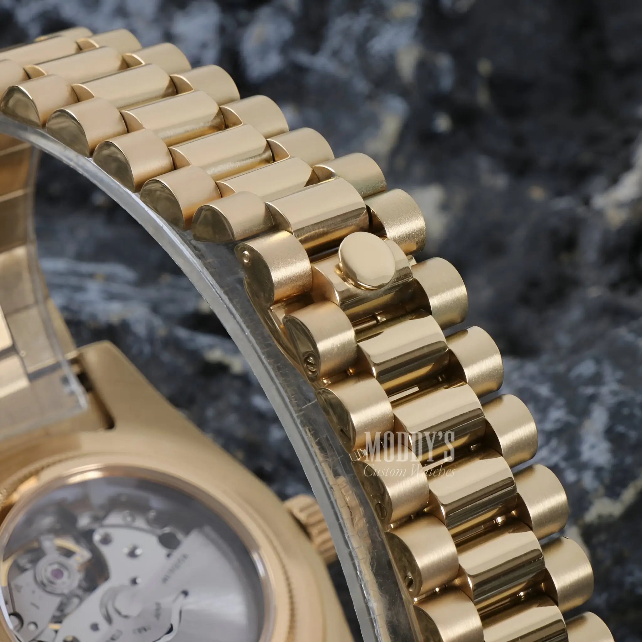 Seiko mod Daydate Yellow Gold watch with 316L stainless steel link bracelet, automatic movement, and transparent dial