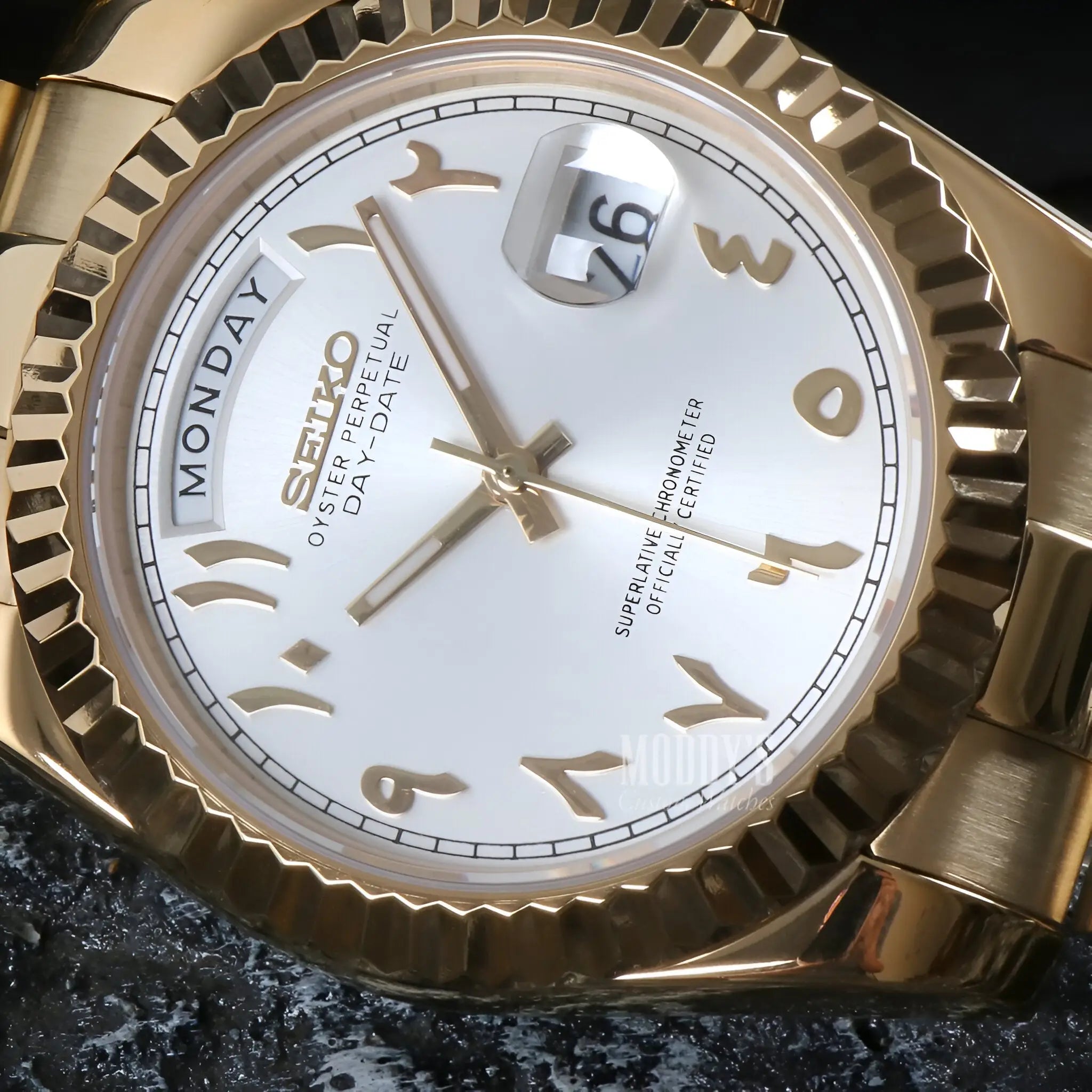 Gold Seiko mod watch with white Arabic dial, automatic movement