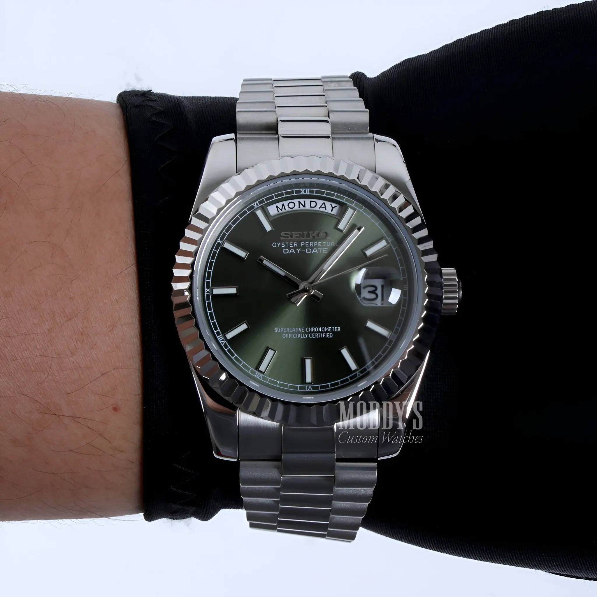 Seiko mod Rolex Datejust 41 with 316L stainless steel and green dial