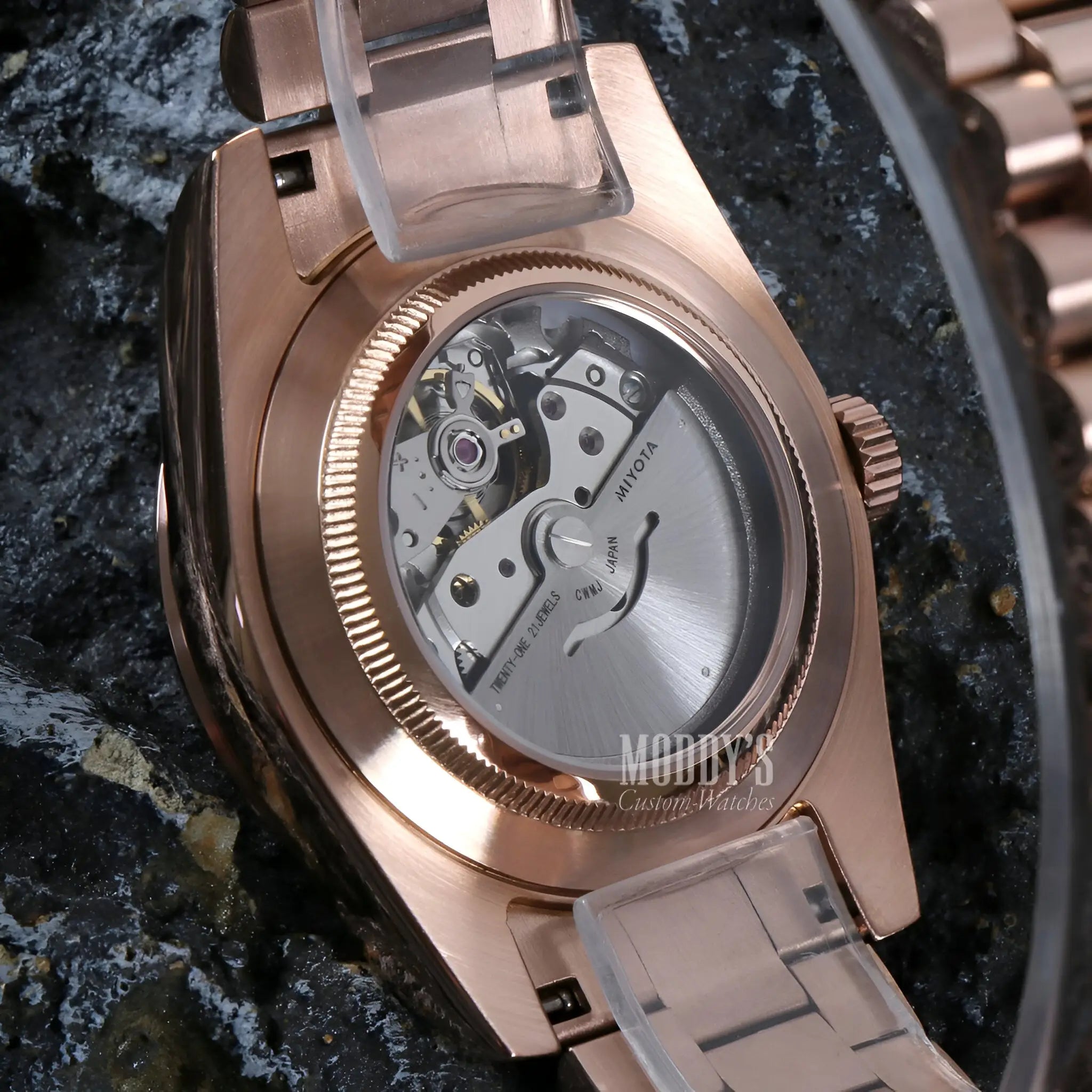 Seiko mod rose gold skeleton watch with automatic movement