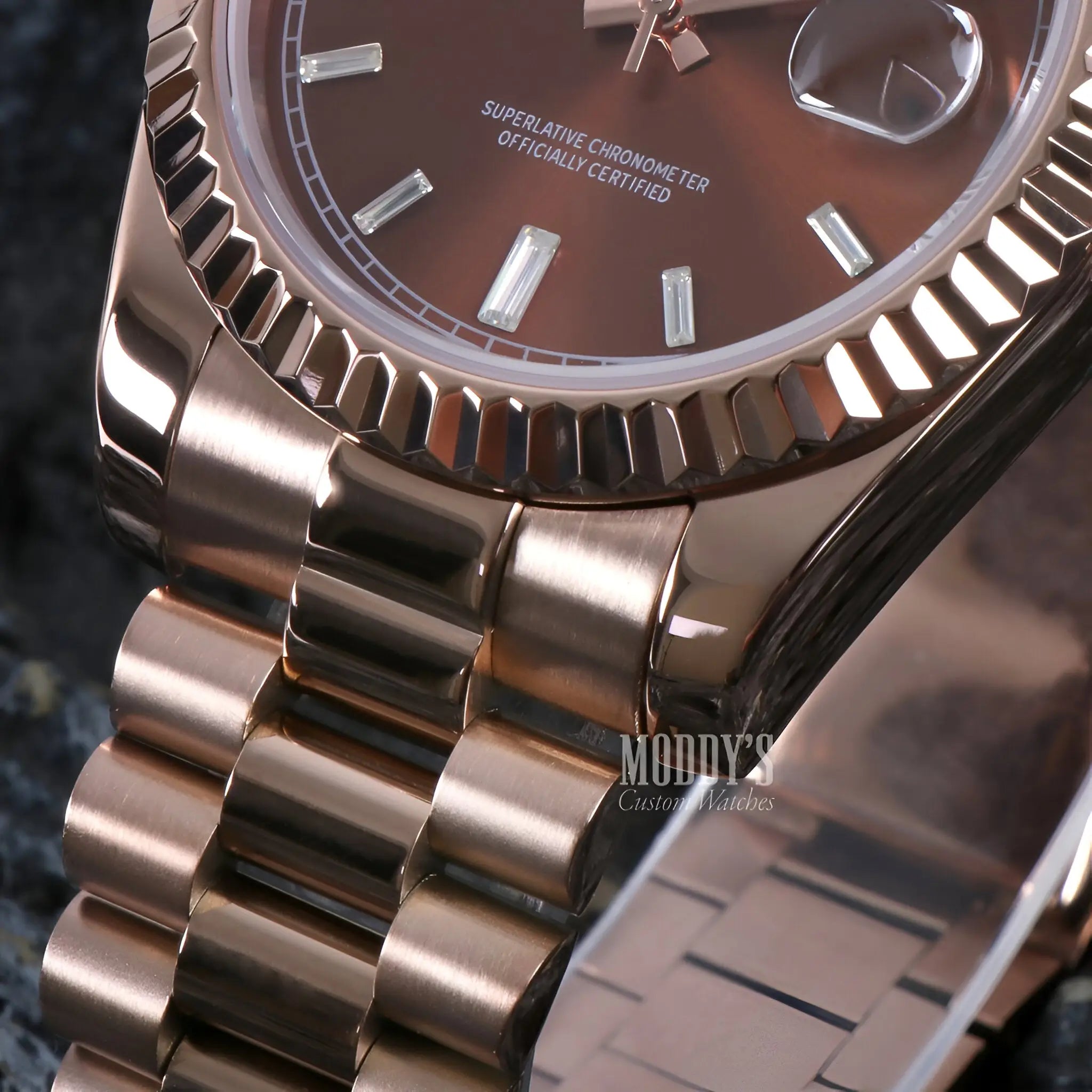 Rose gold Seiko mod watch with brown dial, diamond markers, 316L steel, automatic movement