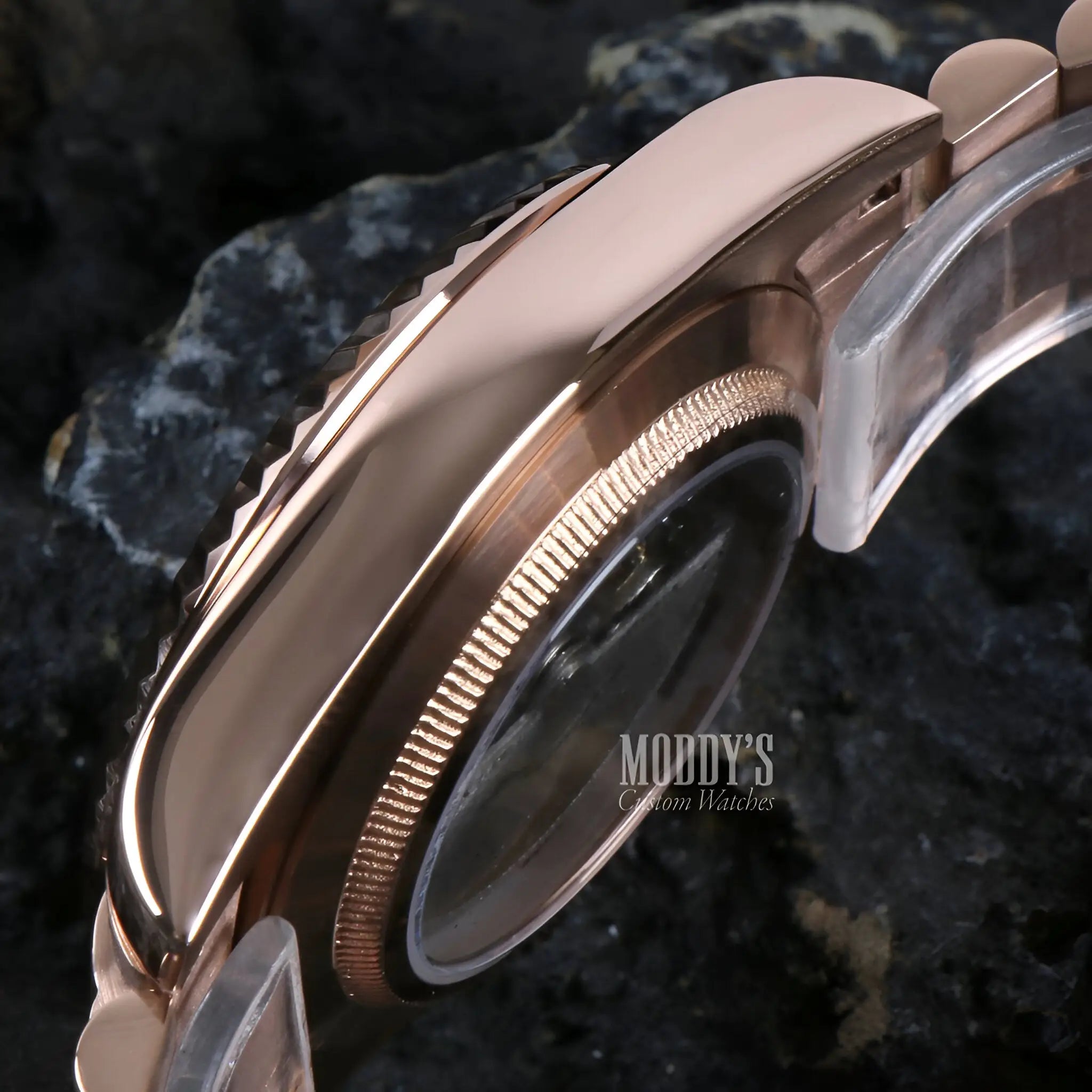 Seiko mod rose gold watch with transparent band and automatic movement