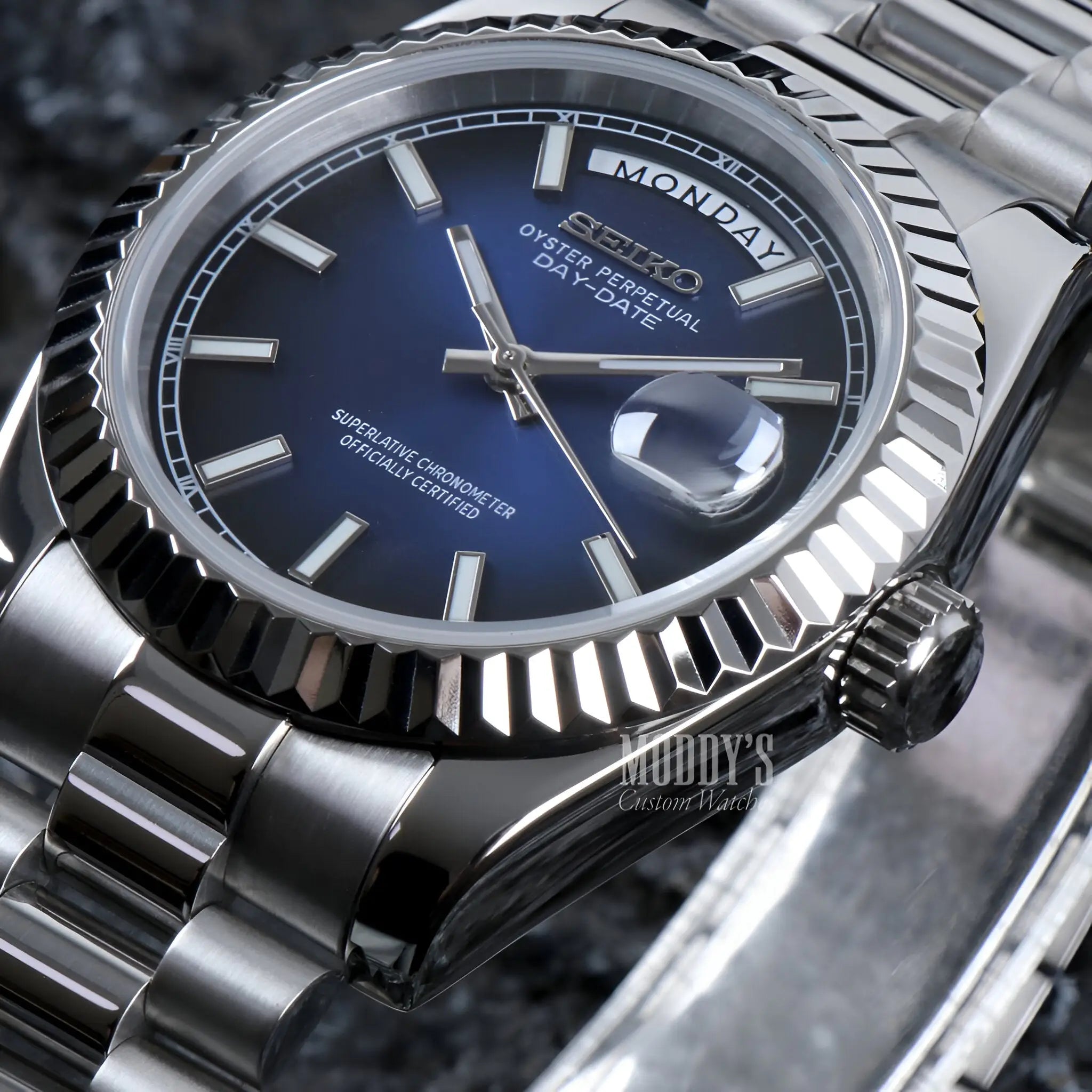Seiko mod Datejust with blue dial, 316L stainless steel case and bracelet, automatic movement
