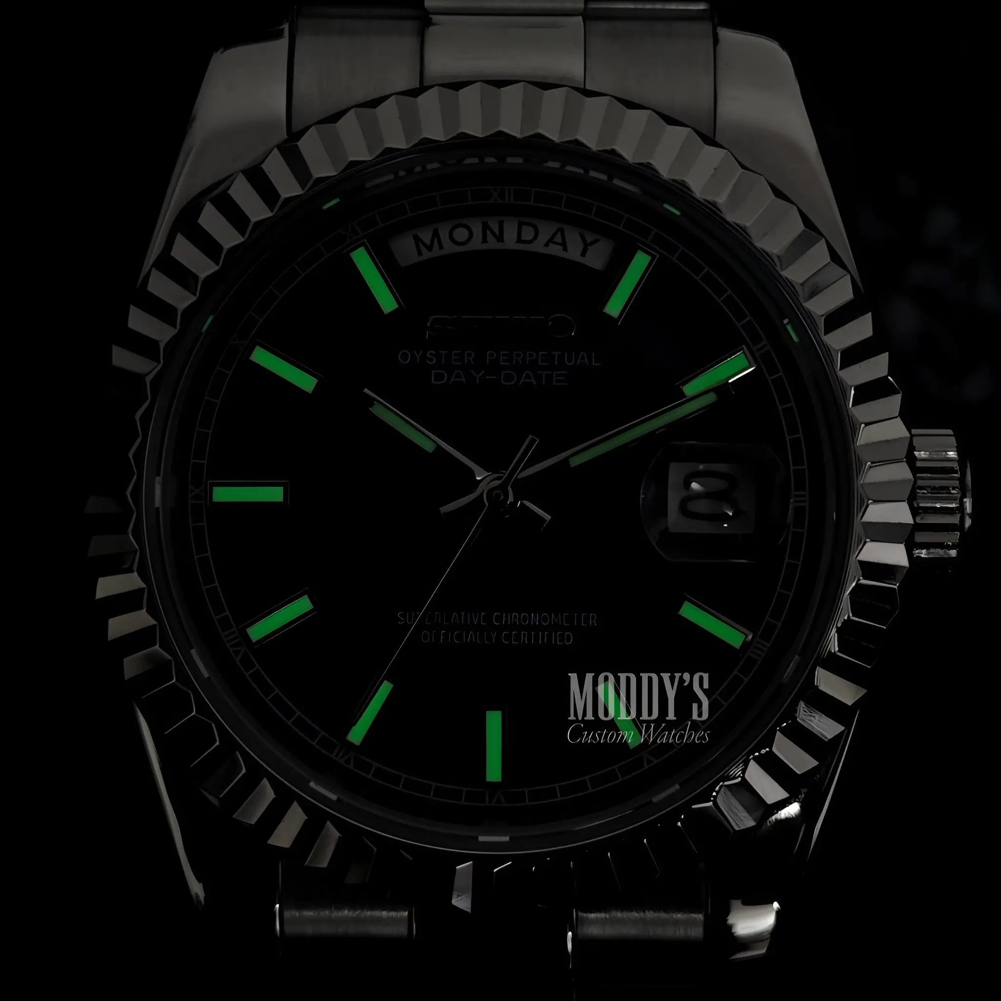 Seiko mod Rolex Submariner with green lume, black dial, bezel