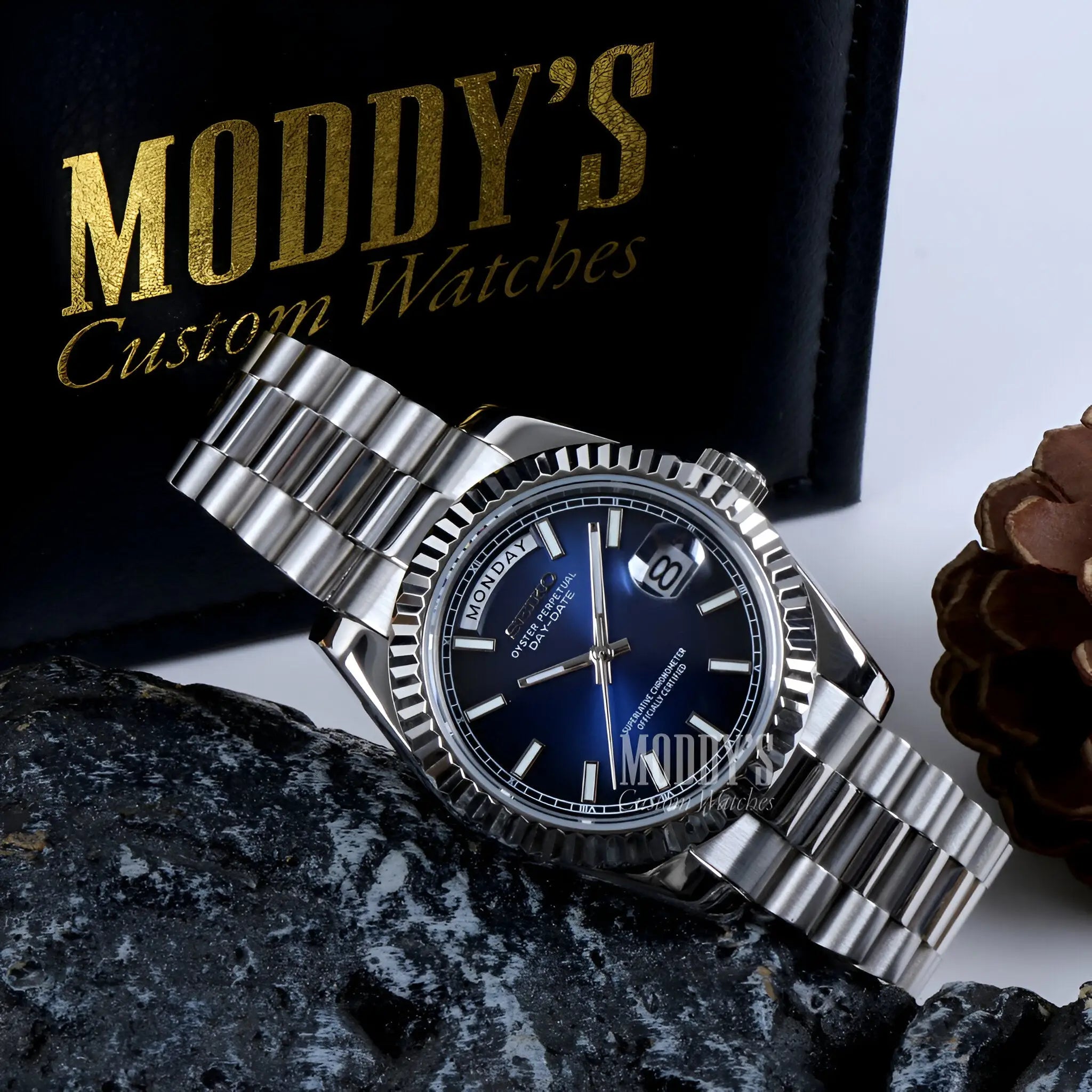 Seiko mod Datejust with blue dial, 316L steel bracelet, automatic movement