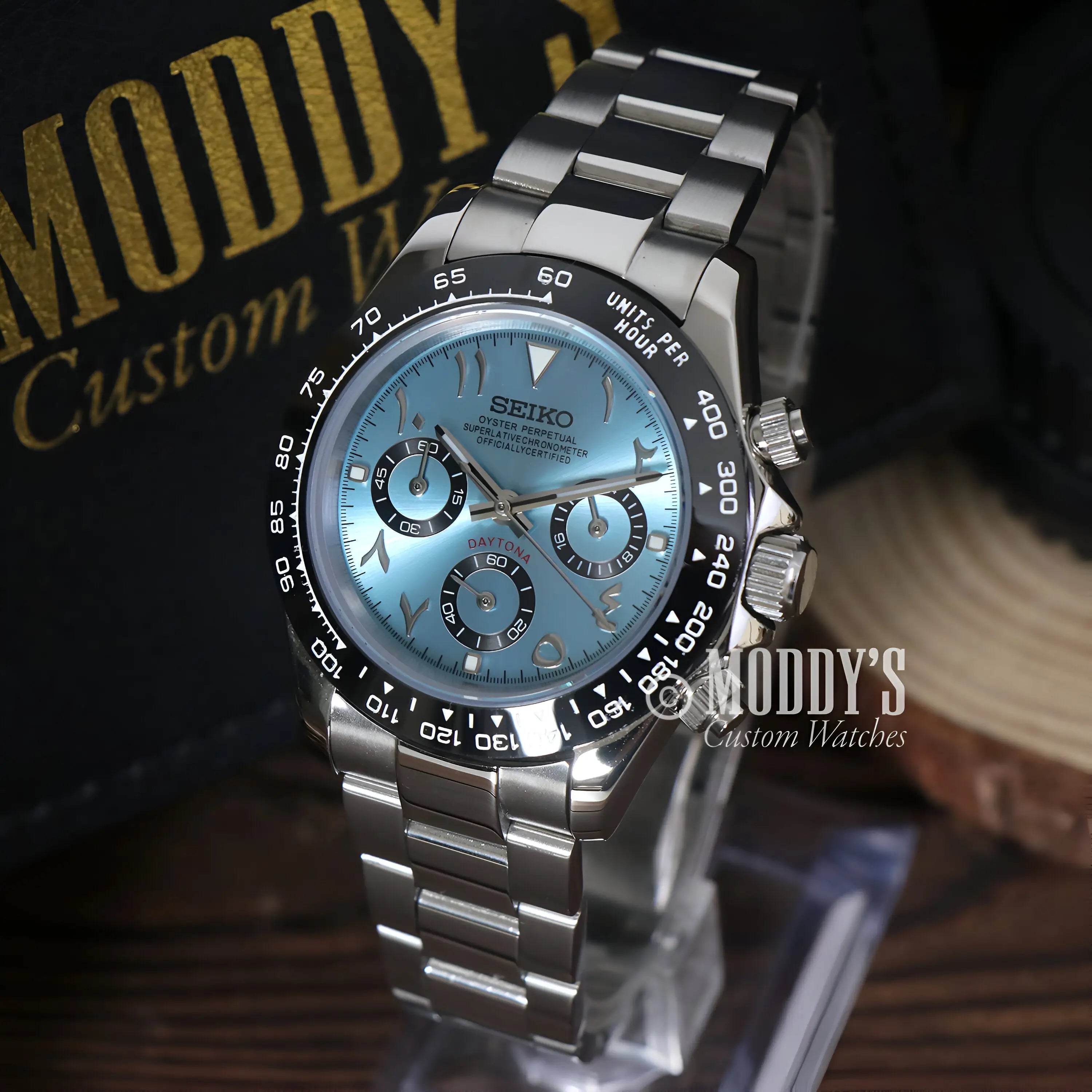 Seiko VK63 hybrid mod Daytona with Arabic ice blue dial and water resistance