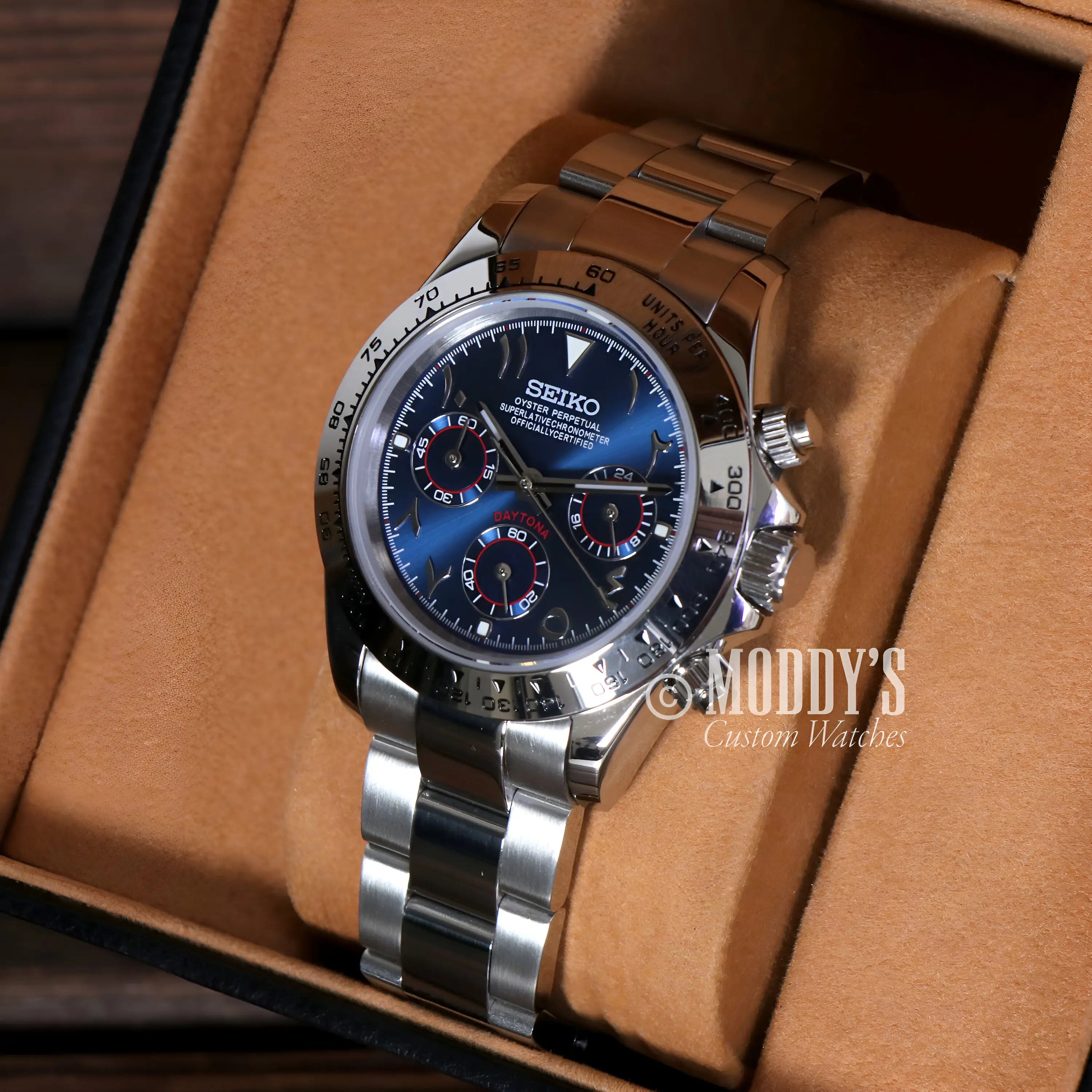 Seiko VK63 hybrid mod Daytona chronograph with blue dial and brown leather strap
