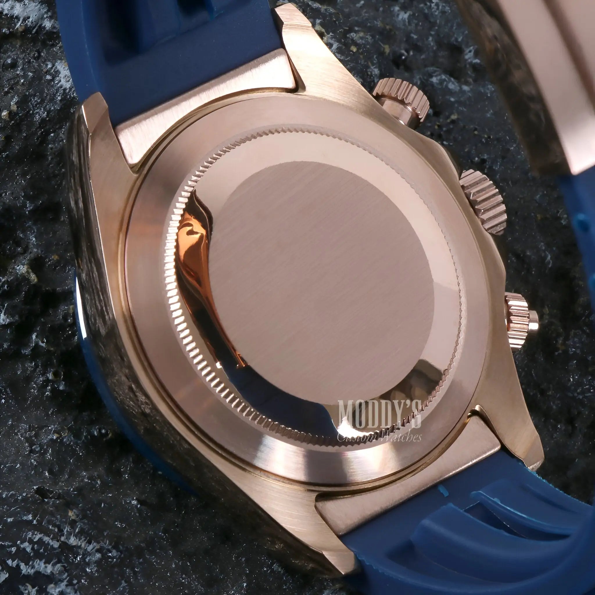 Seiko mod Daytona rose gold blue watch with rubber strap and hybrid movement