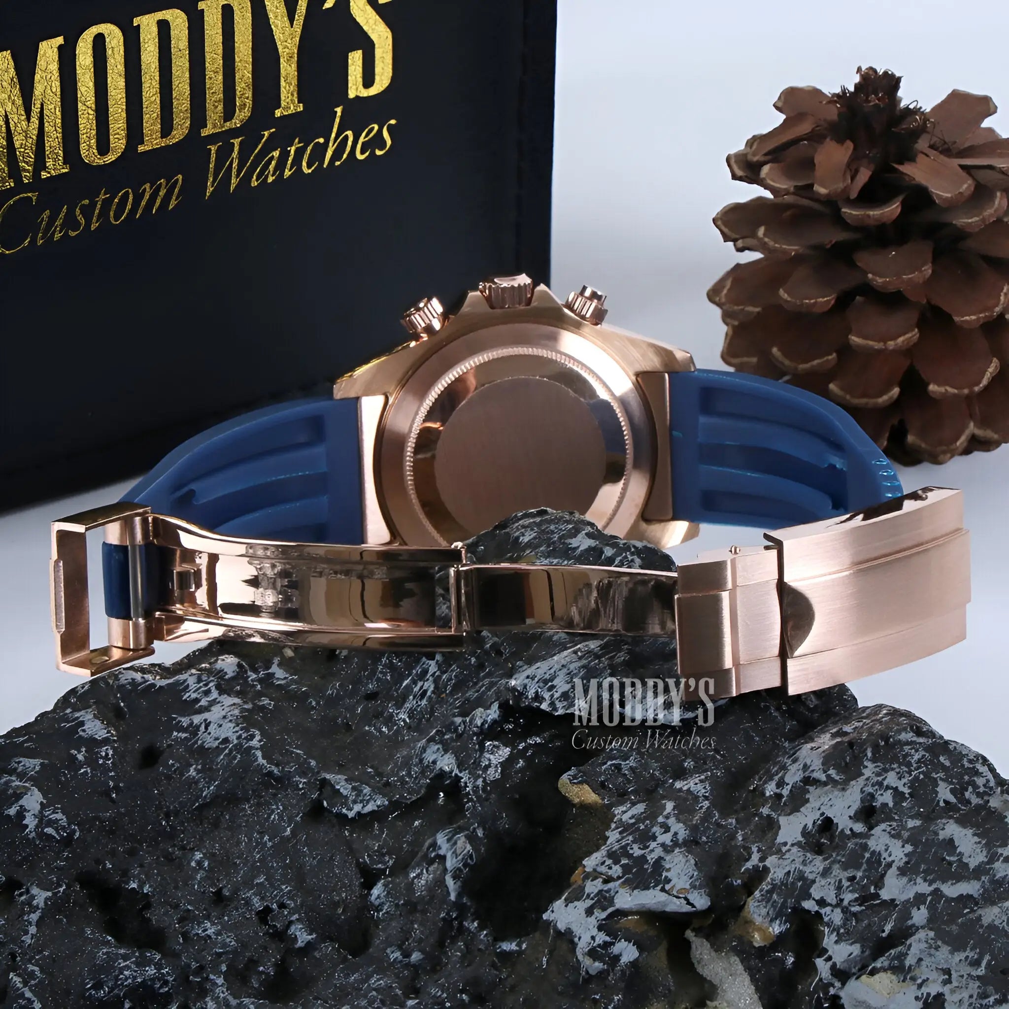 Seiko VK63 hybrid rose gold and blue Seiko mod Daytona watch with silicone strap