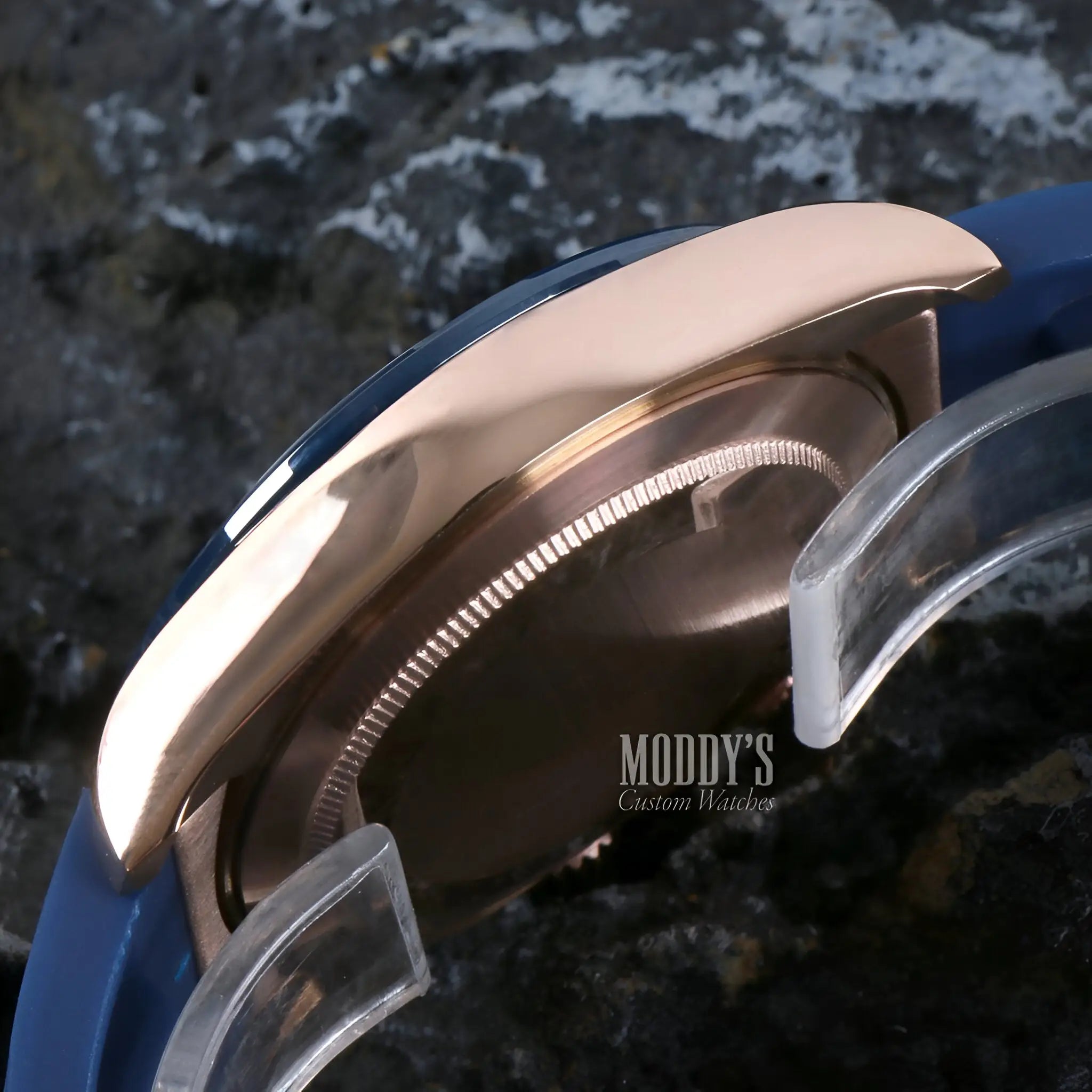 Seiko VK63 hybrid Rose Gold mod Daytona with blue strap and crystal bezel