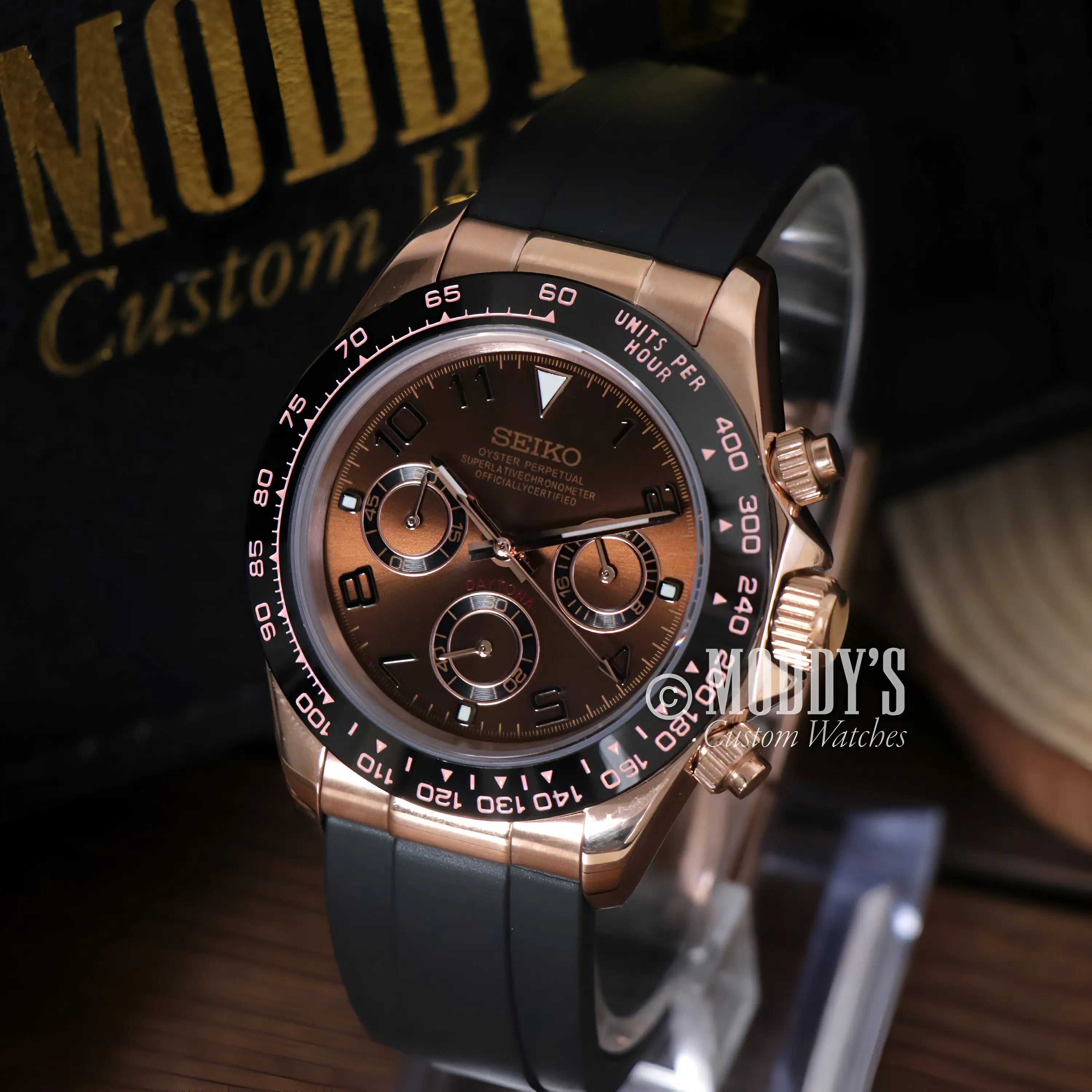 Seiko VK63 hybrid mod Daytona watch in rose gold with brown dial and black rubber strap