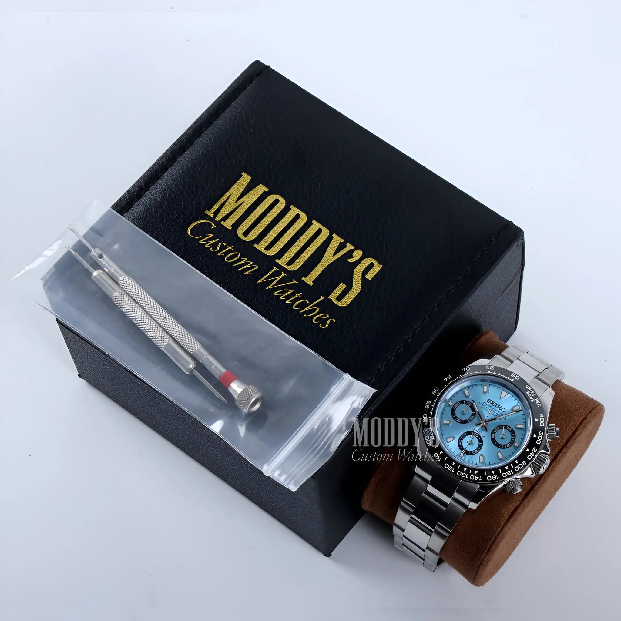 Seiko mod Daytona with ice blue dial and stainless steel bracelet