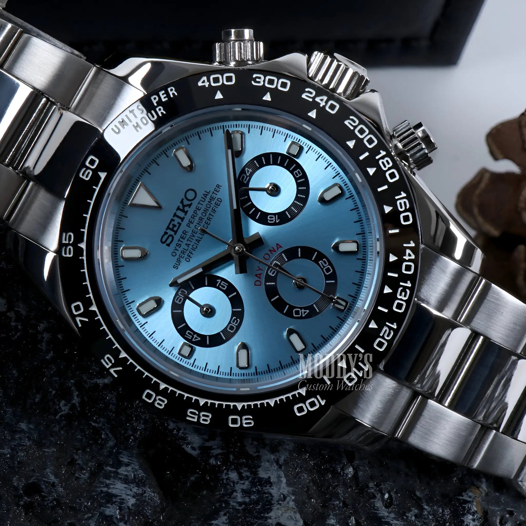 Seiko VK63 hybrid mod Daytona watch with ice blue dial and black accents