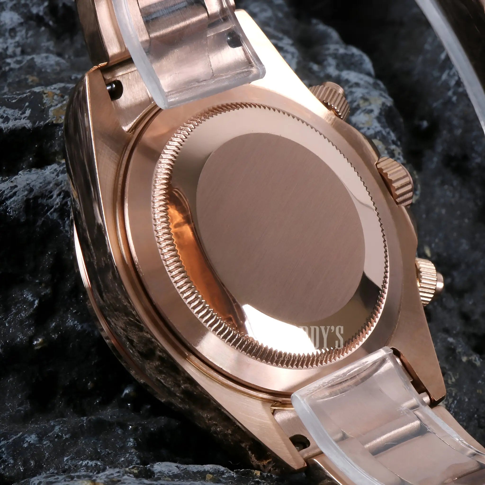 Seiko mod Daytona rose gold watch with transparent back