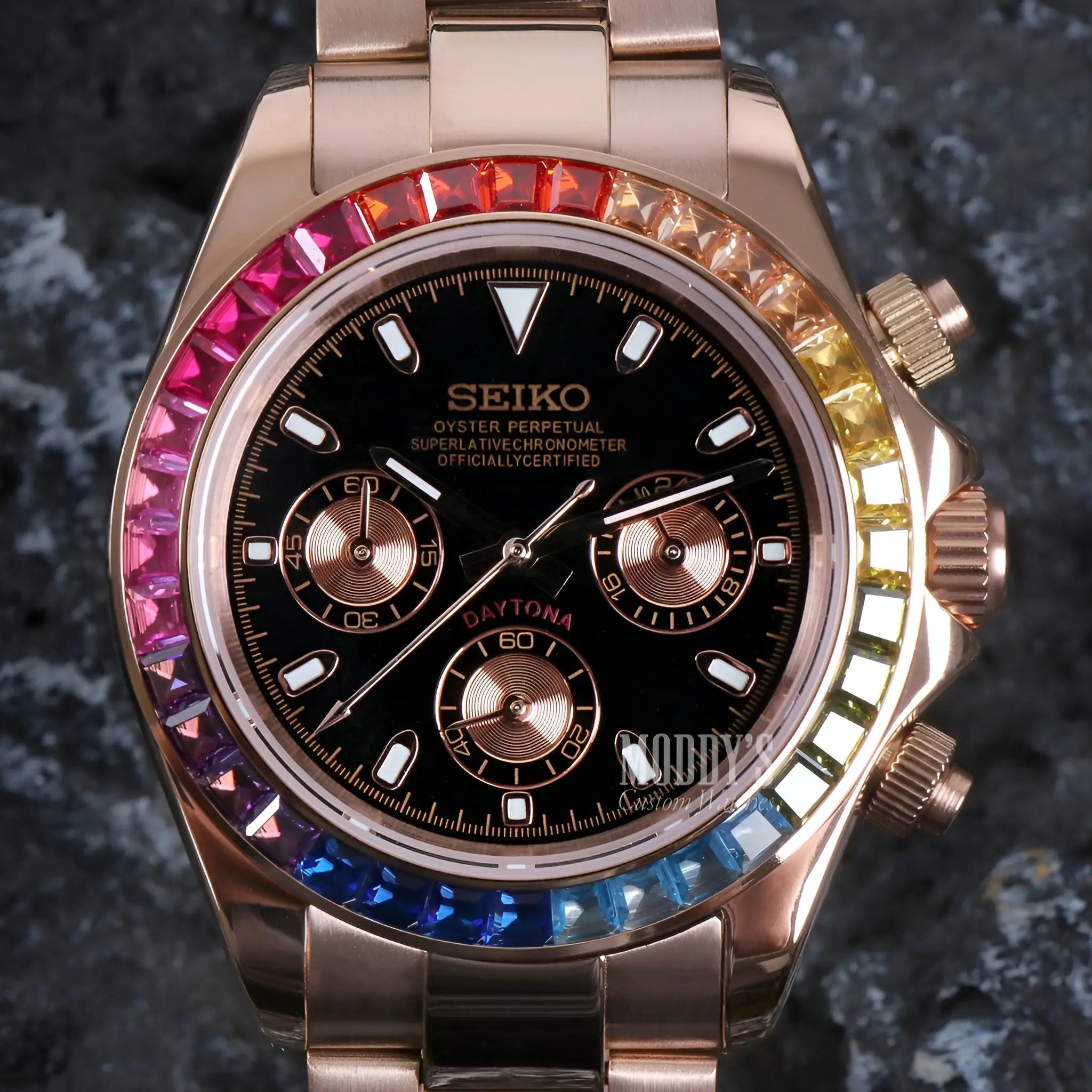 Rose Gold Seiko Daytona Watch with Black Dial and Rainbow Bezel