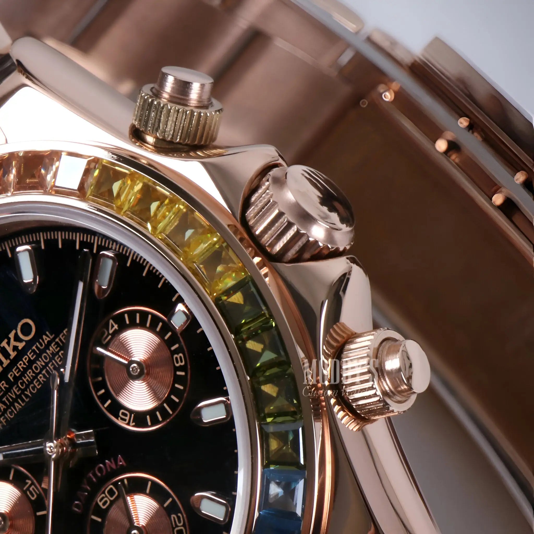 Seiko VK63 Hybrid Rainbow Sapphire Chronograph Watch with Rose Gold