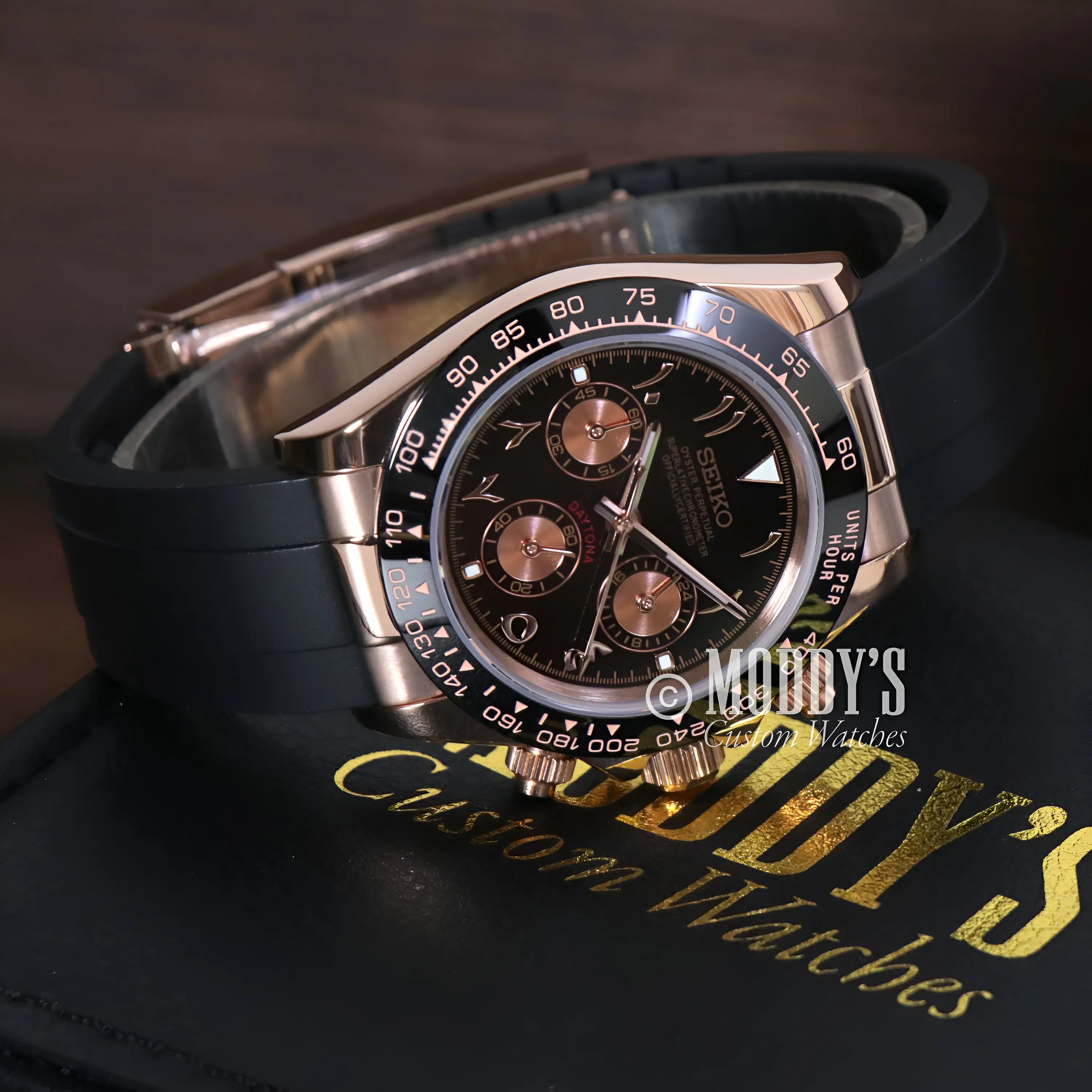 Seiko VK63 hybrid mod Daytona watch with rose gold accents and rubber strap