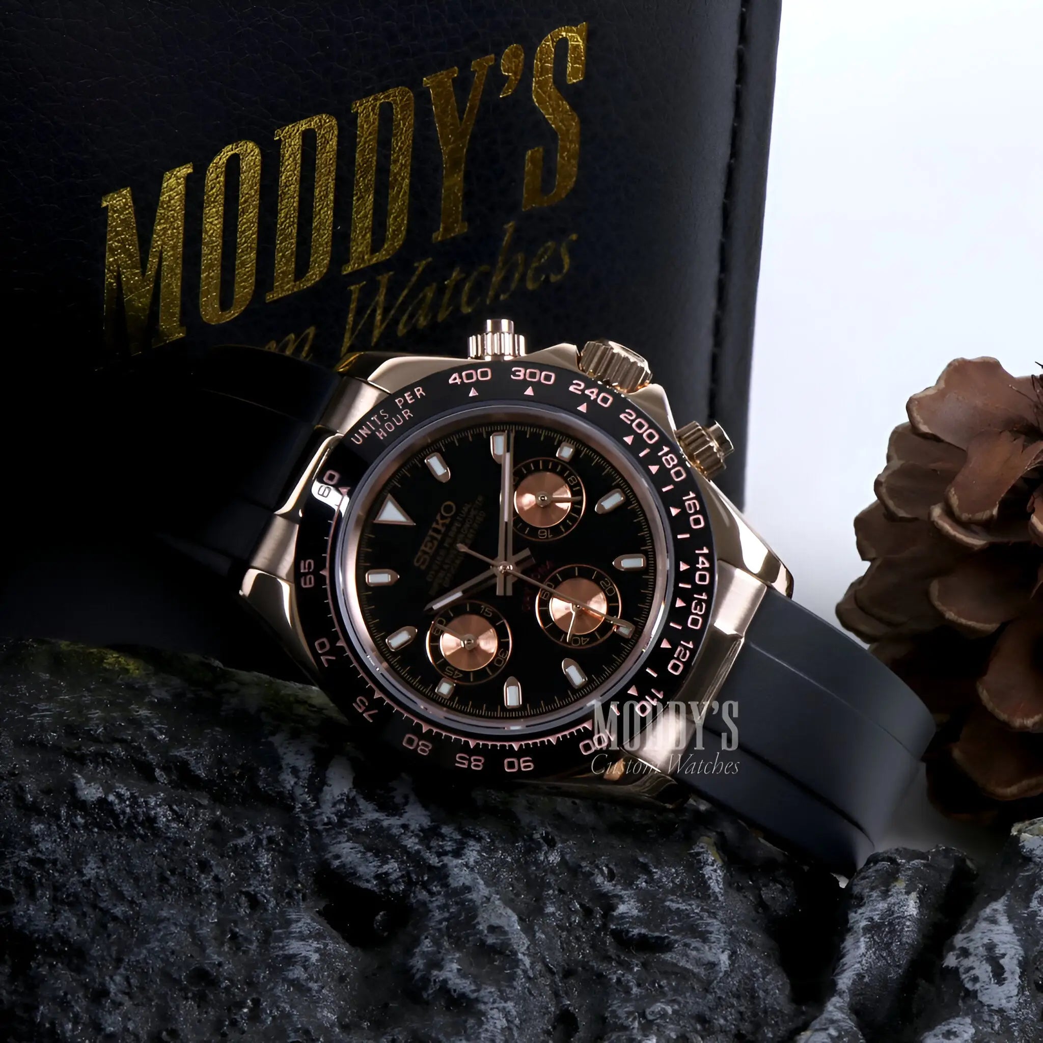 Black and rose gold Seiko VK63 hybrid chronograph watch with rubber strap