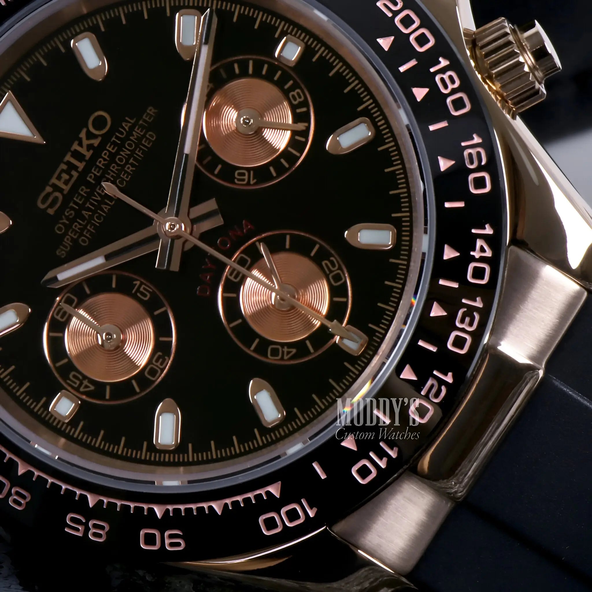 Seiko VK63 hybrid mod Daytona watch in rose gold with rubber strap