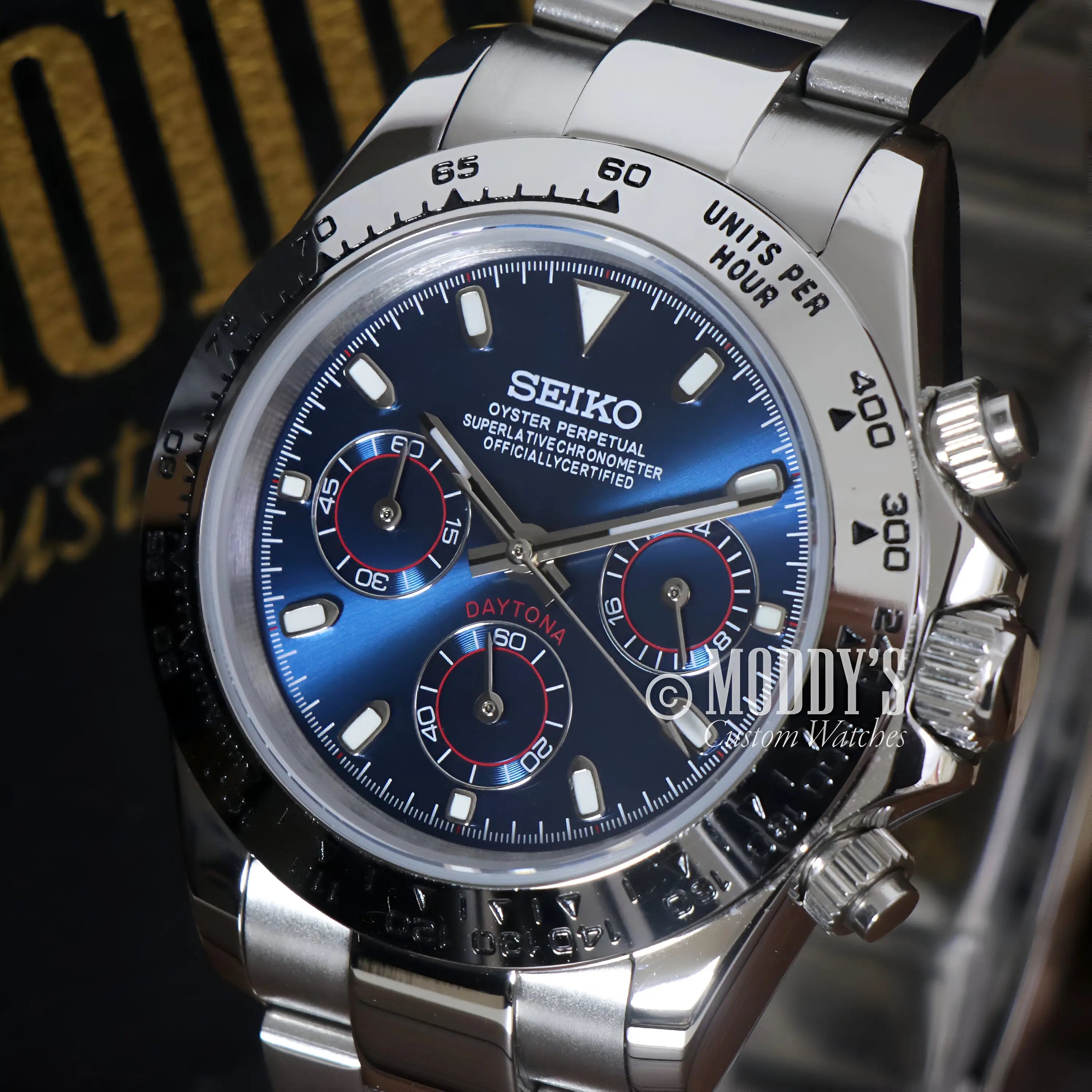 Seiko VK63 hybrid mod Daytona blue dial chronograph watch with stainless steel band and anti-reflective treatment