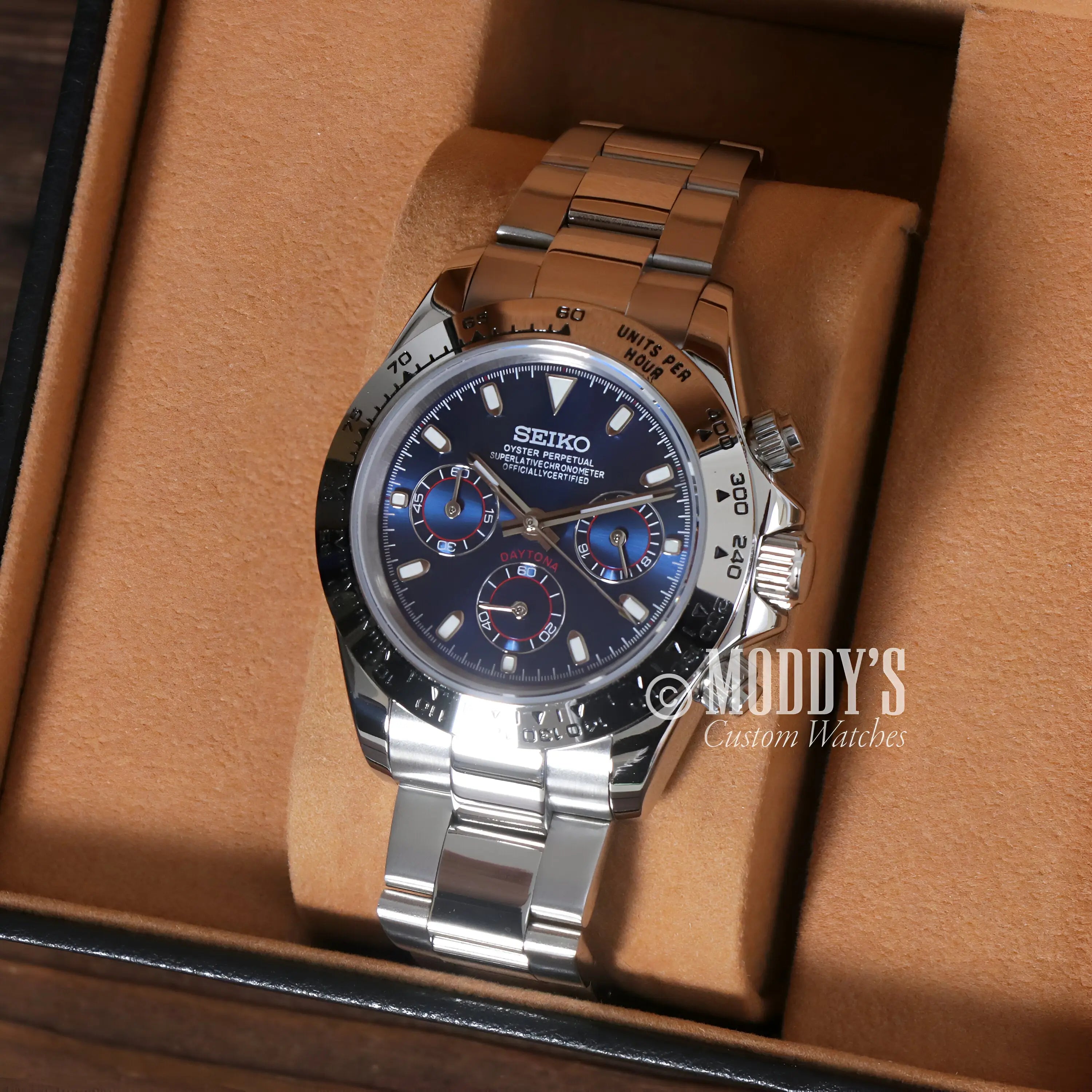 Seiko VK63 Hybrid Mod Daytona Silver Chronograph with Blue Dial