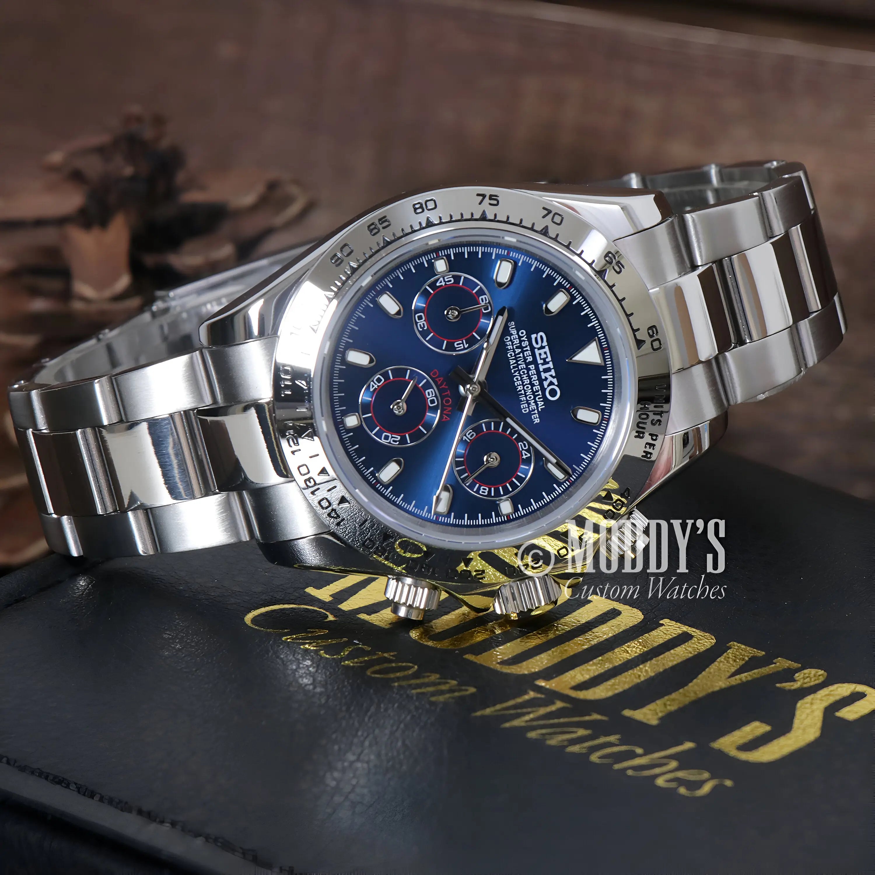 Blue Seiko VK63 Hybrid Mod Daytona Chronograph with Silver Band