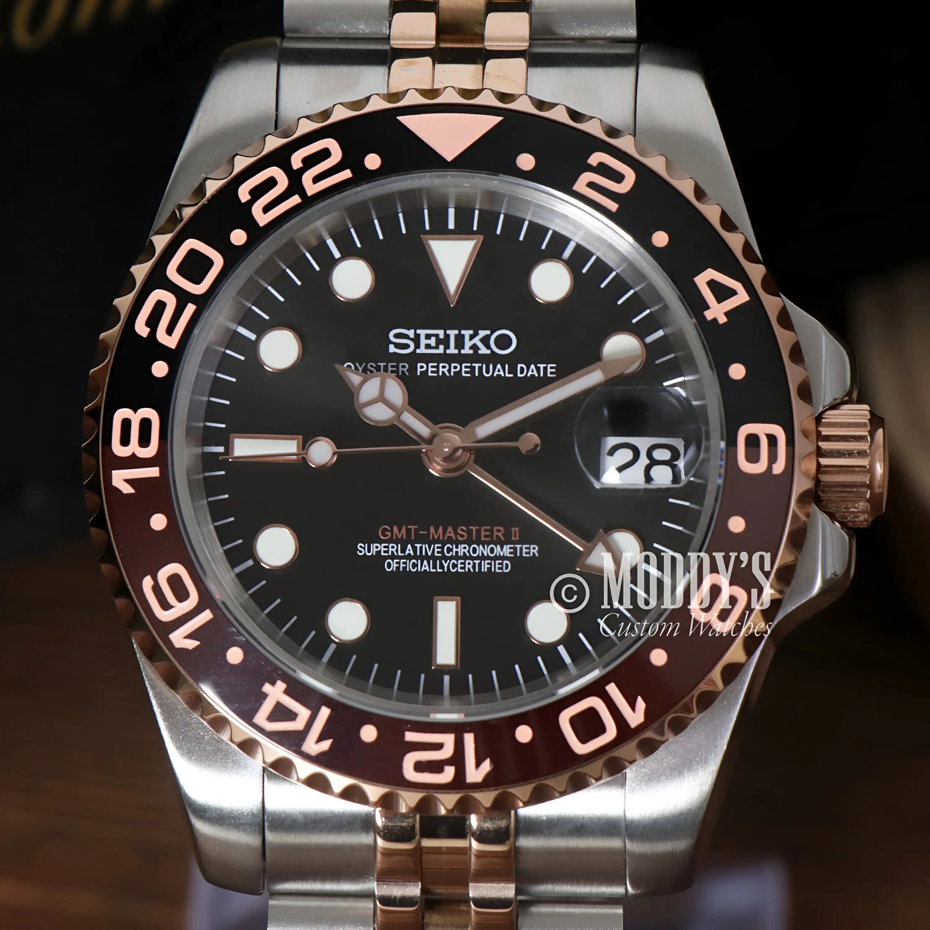 Seiko mod GMT with NH34 automatic movement, two-tone bracelet, black dial