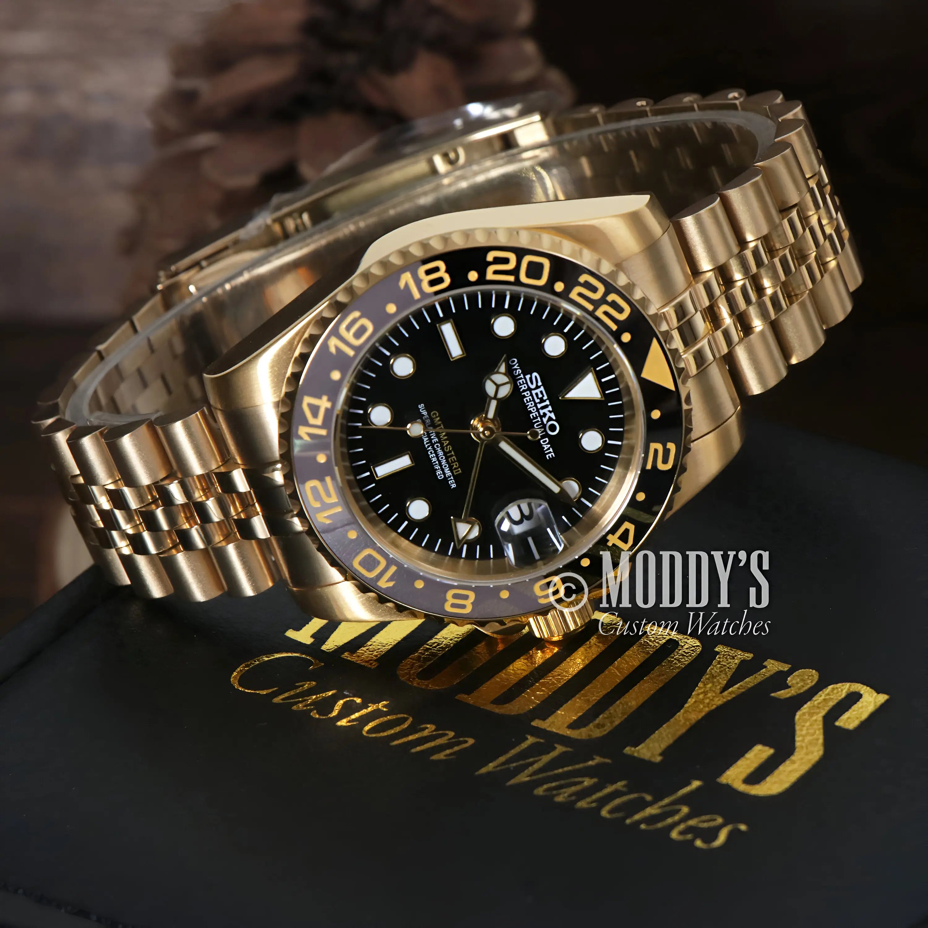Gold Seiko mod GMT diver watch with NH34 automatic movement