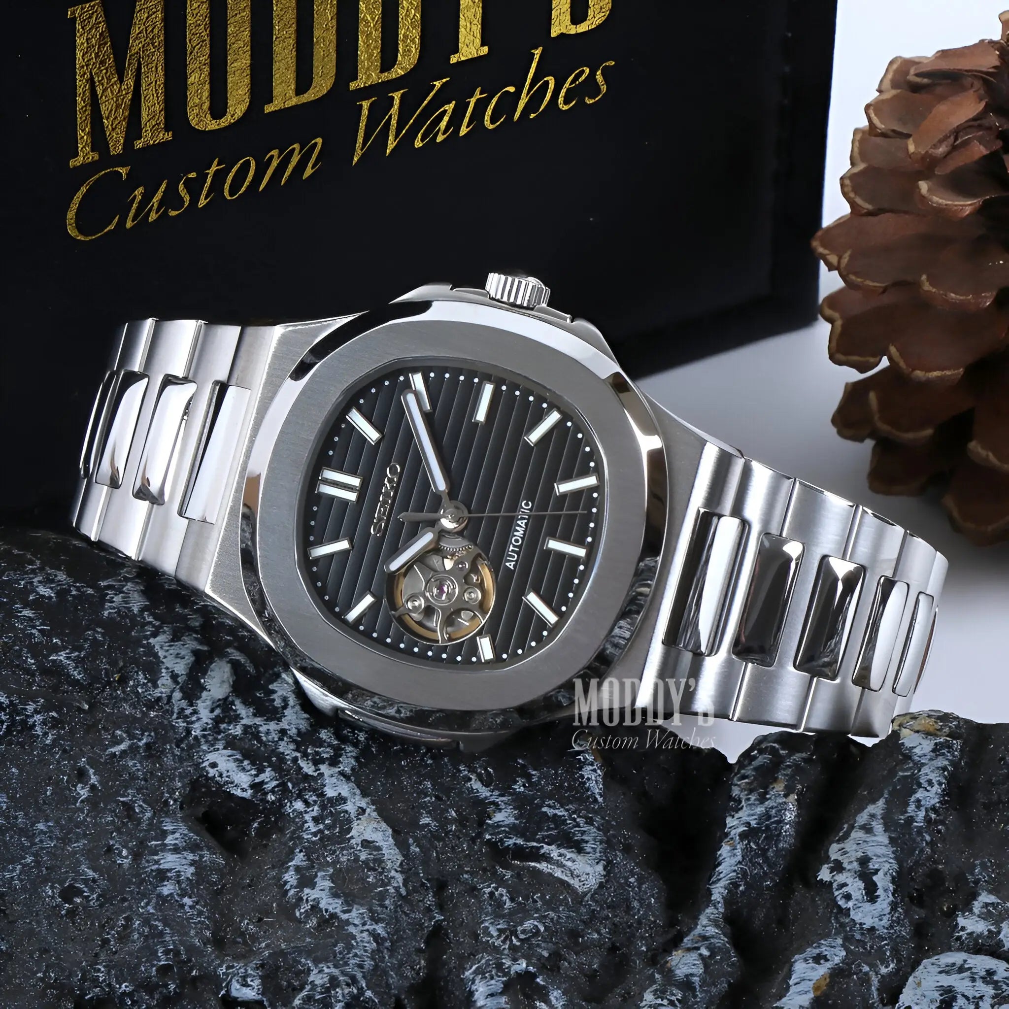 Seiko mod Nautilus tourbillon watch with black dial and 904L steel bracelet