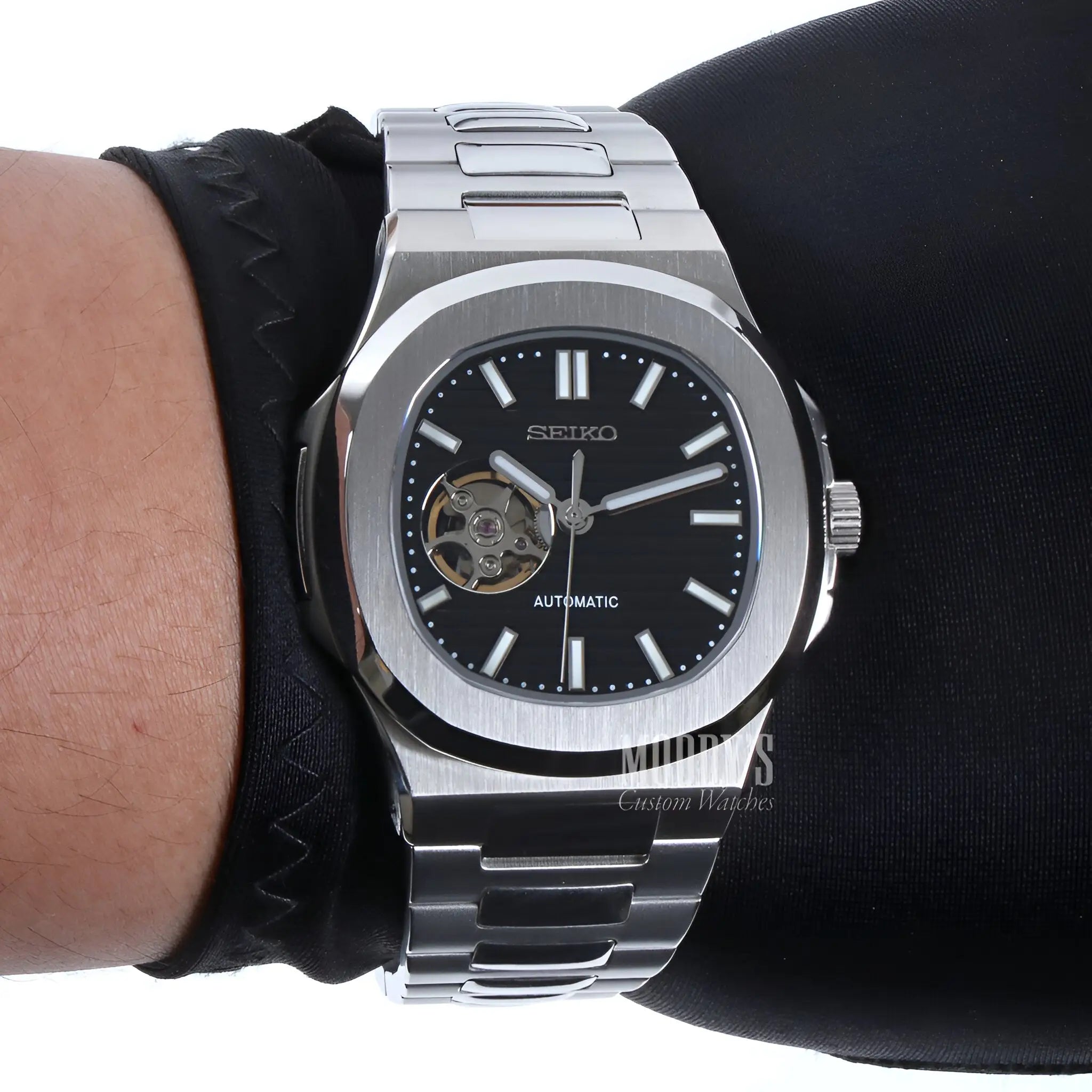 Seiko NH38 automatic mod Nautilus with black dial and 904L steel bracelet