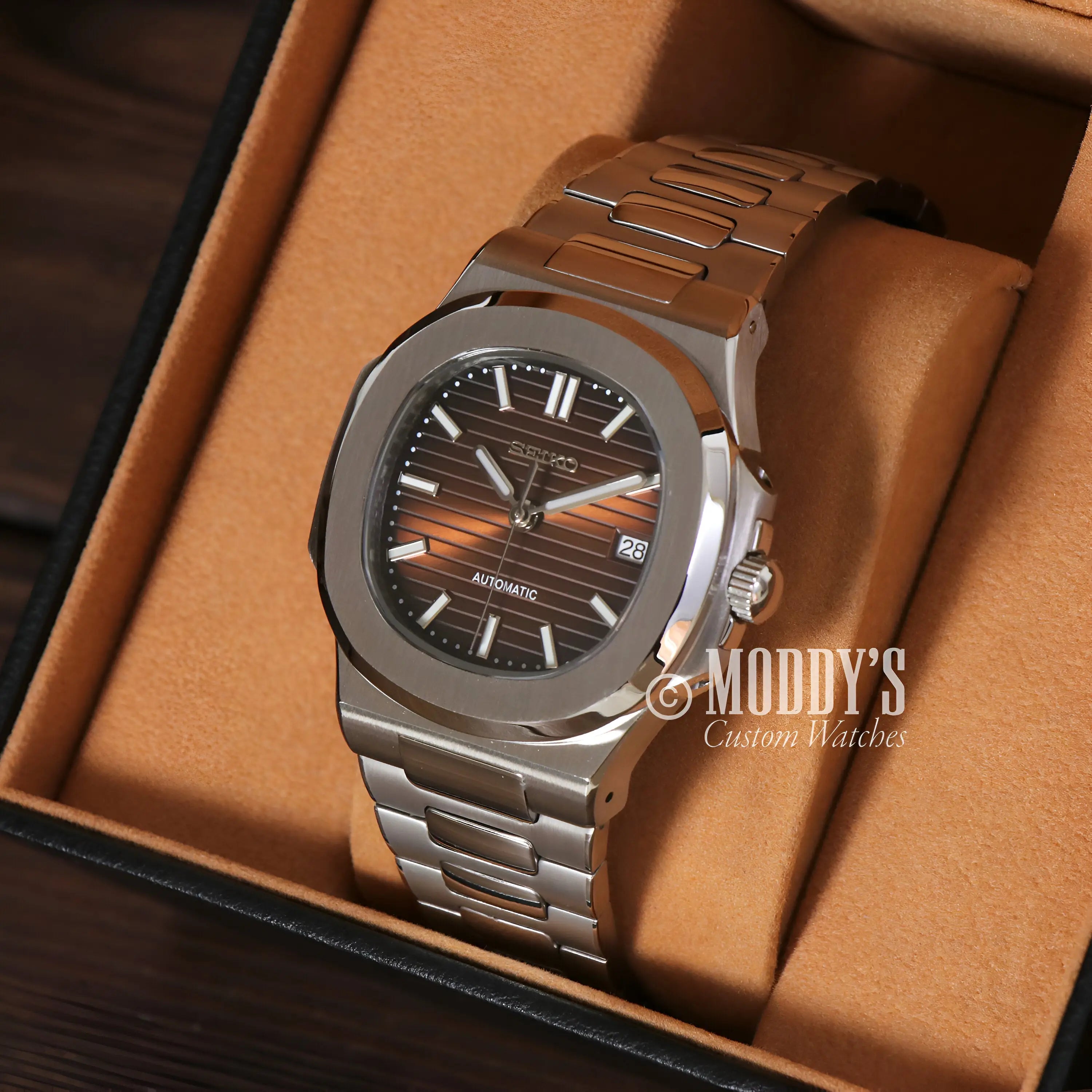 Nautiko Brown Seiko mod Nautilus watch with NH35 automatic movement